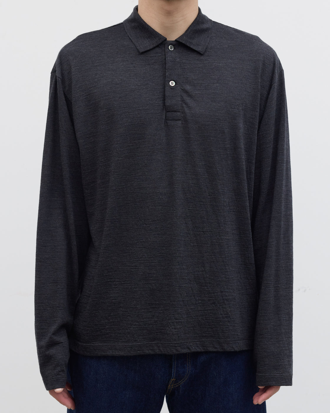 1027 Super 120's TOP Wool Jersey Long Sleeve Polo Shirt, Charcoal
