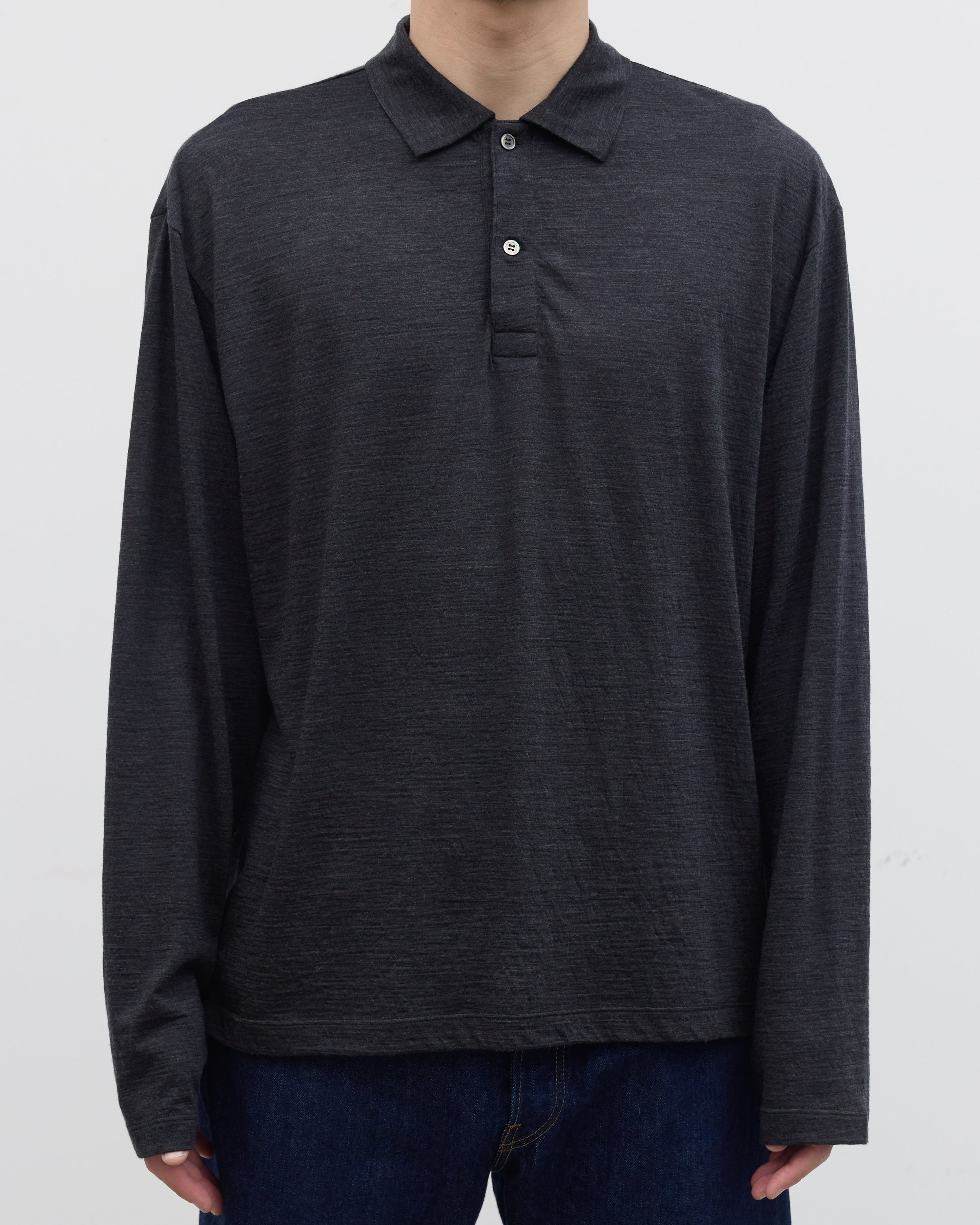 1027 Super 120's TOP Wool Jersey Long Sleeve Polo Shirt, Charcoal