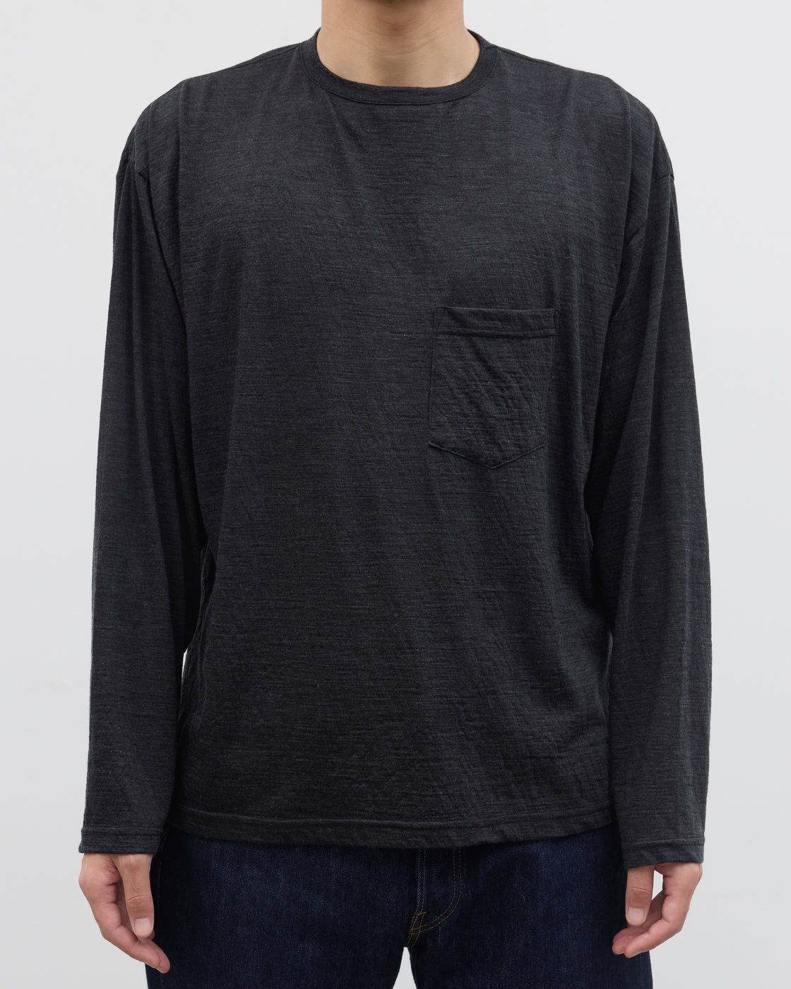 1027 Super 120's TOP Wool Jersey Long Sleeve Pocket Tee, Charcoal
