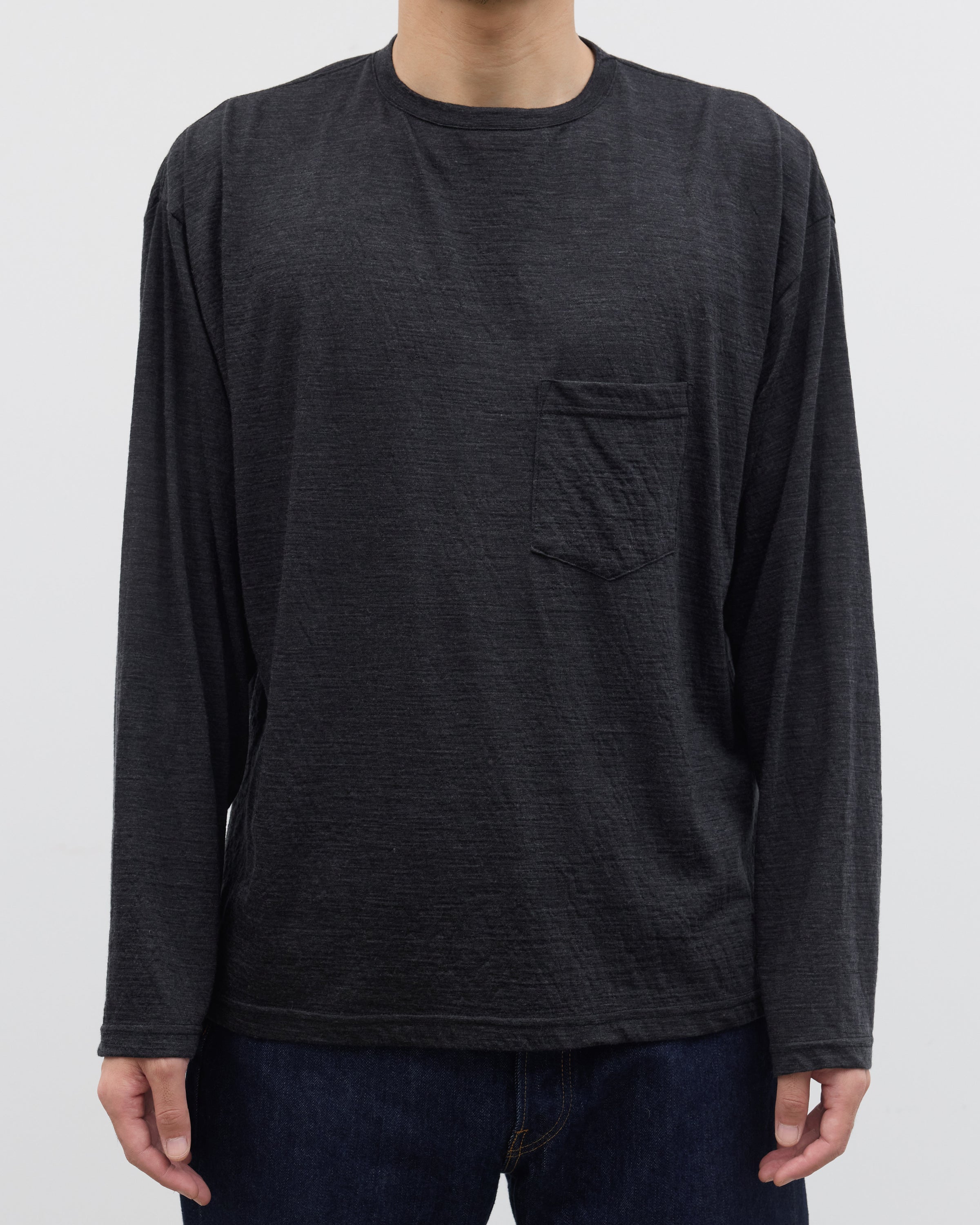 1027 Super 120's TOP Wool Jersey Long Sleeve Pocket Tee, Charcoal