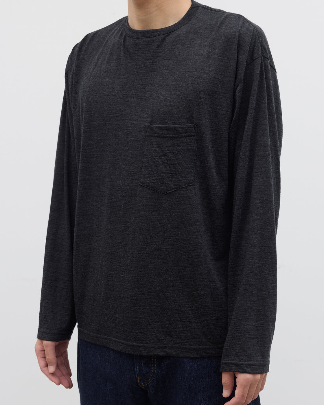 1027 Super 120's TOP Wool Jersey Long Sleeve Pocket Tee, Charcoal
