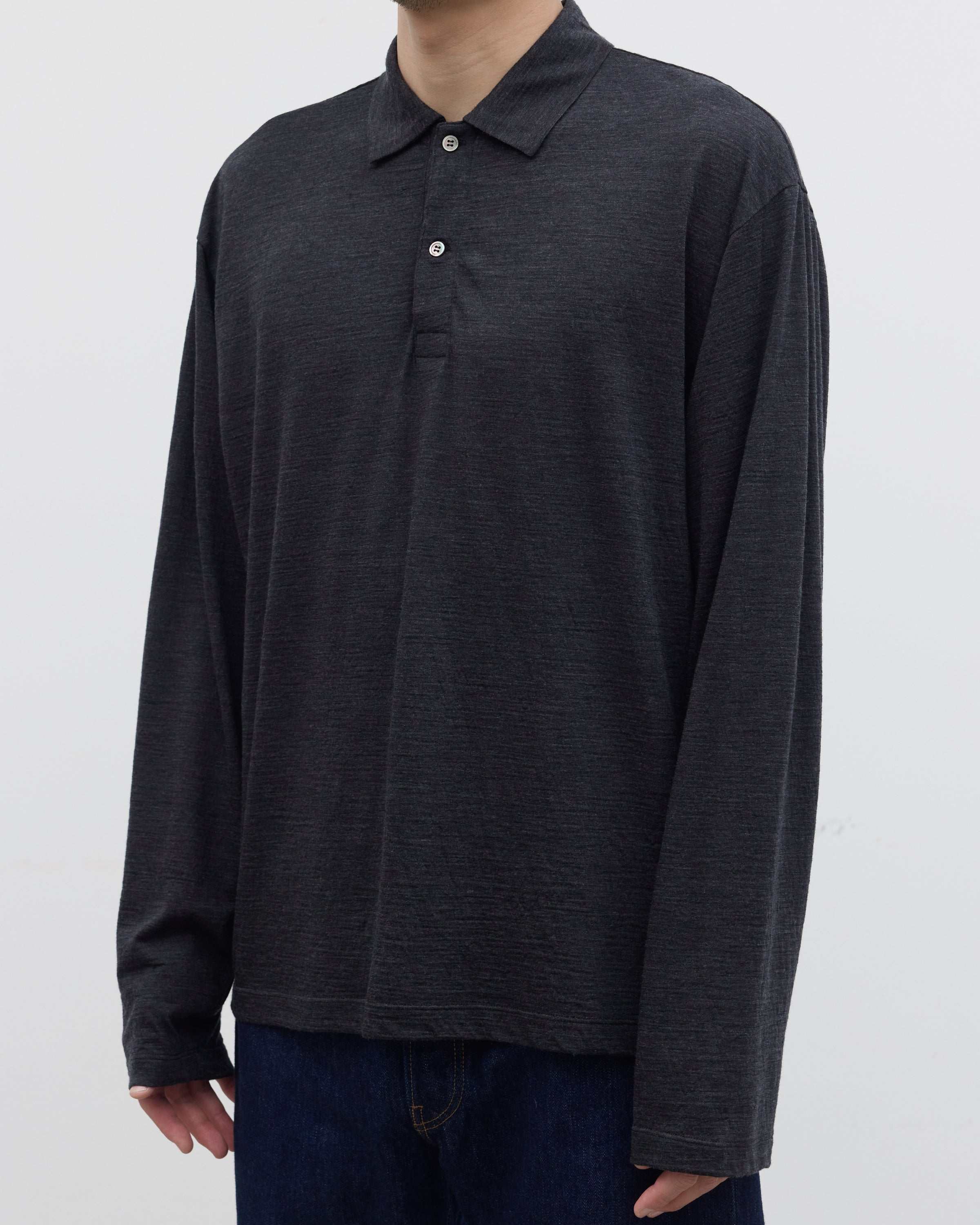 1027 Super 120's TOP Wool Jersey Long Sleeve Polo Shirt, Charcoal