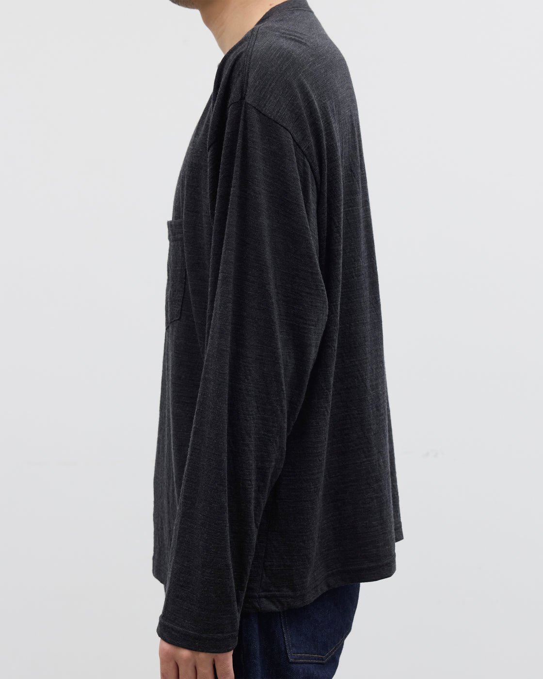 1027 Super 120's TOP Wool Jersey Long Sleeve Pocket Tee, Charcoal