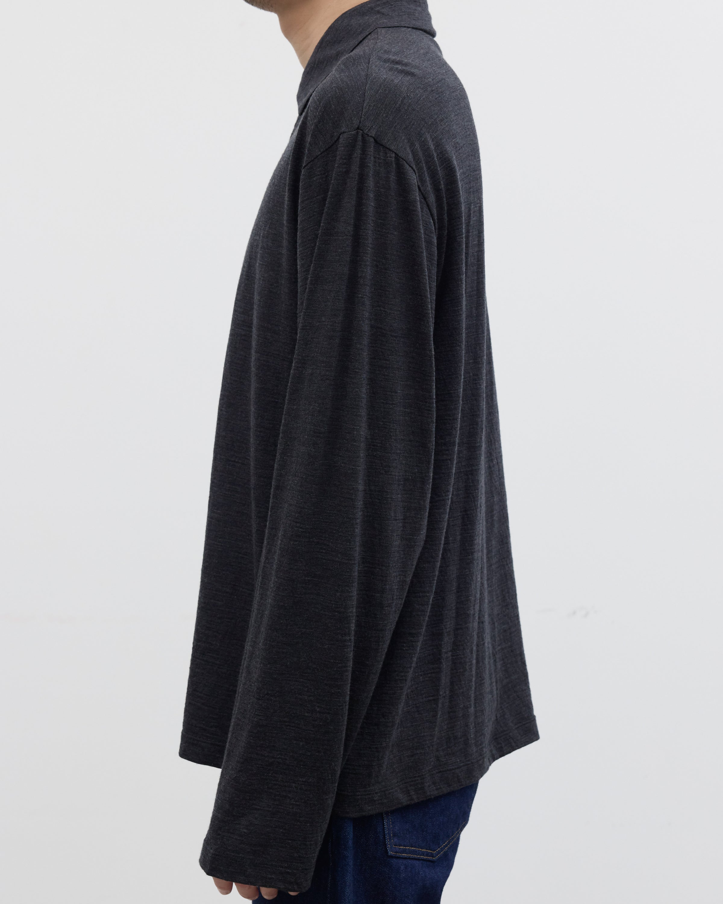 1027 Super 120's TOP Wool Jersey Long Sleeve Polo Shirt, Charcoal