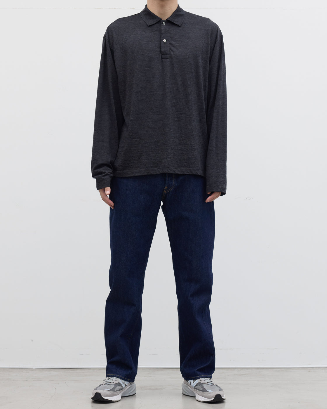 1027 Super 120's TOP Wool Jersey Long Sleeve Polo Shirt, Charcoal