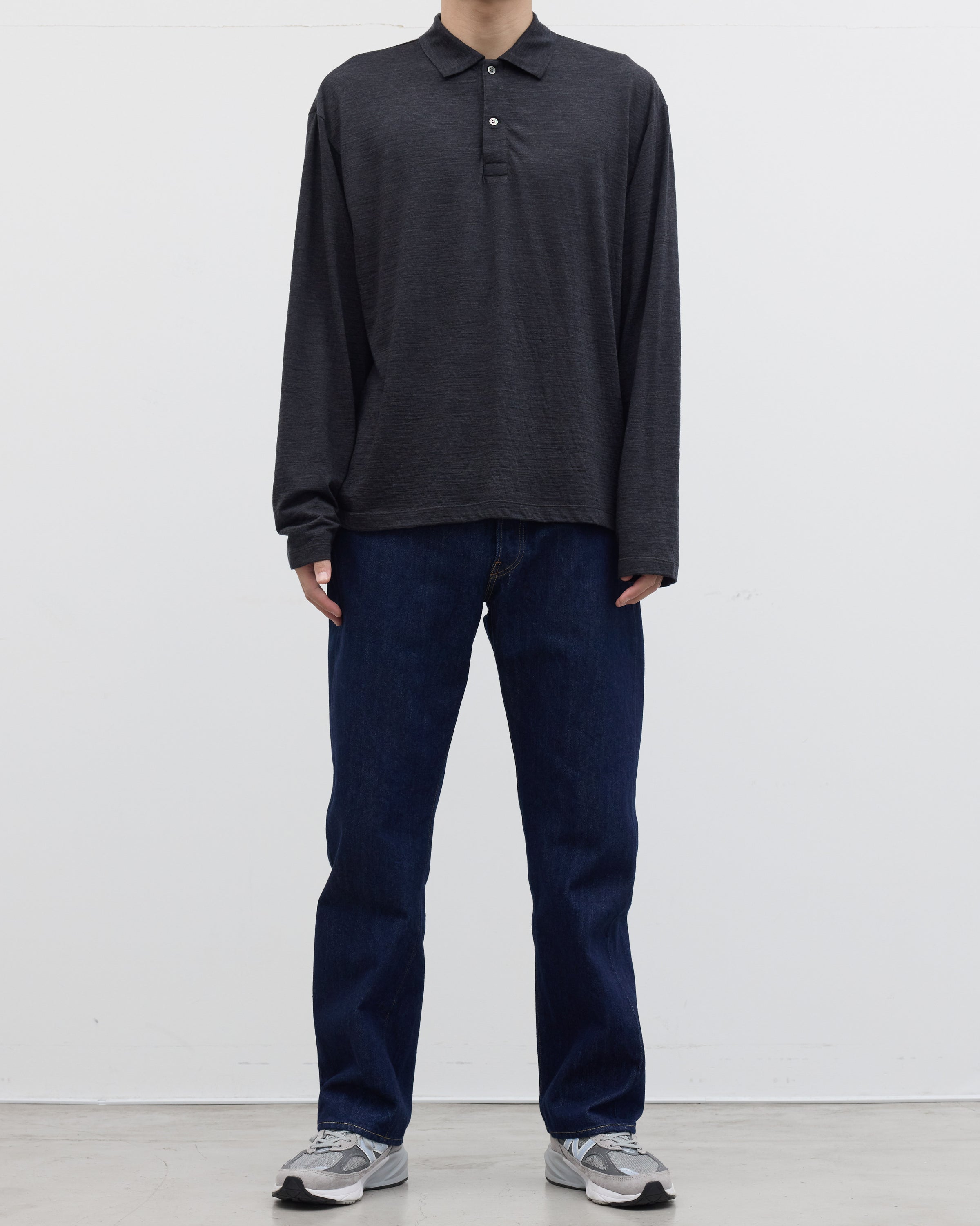 1027 Super 120's TOP Wool Jersey Long Sleeve Polo Shirt, Charcoal