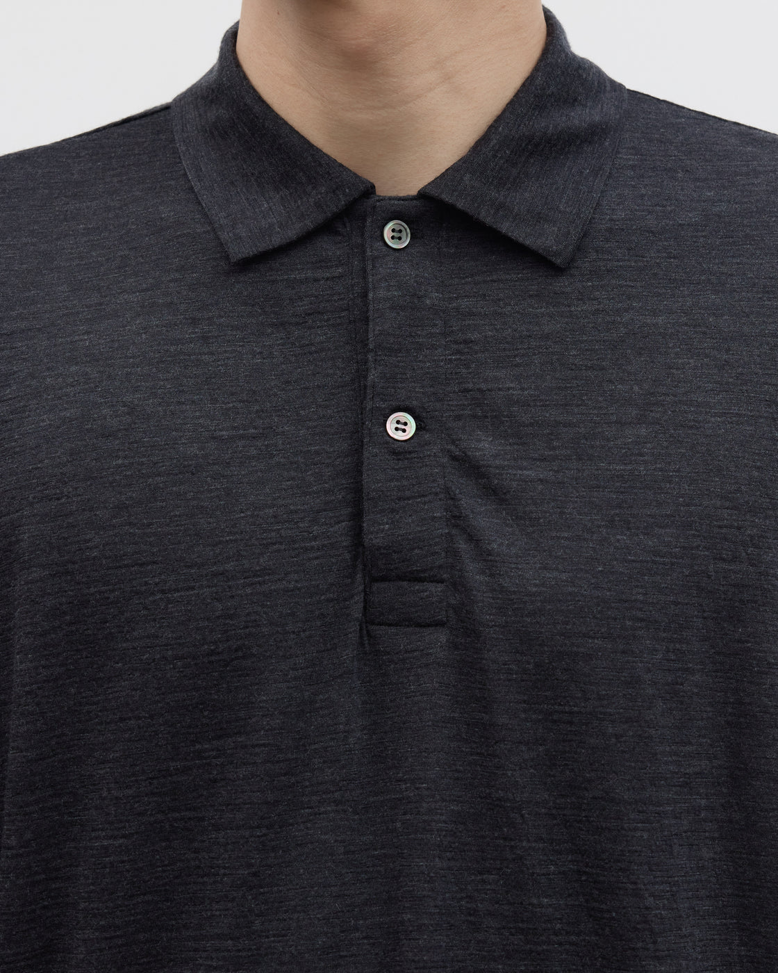 1027 Super 120's TOP Wool Jersey Long Sleeve Polo Shirt, Charcoal