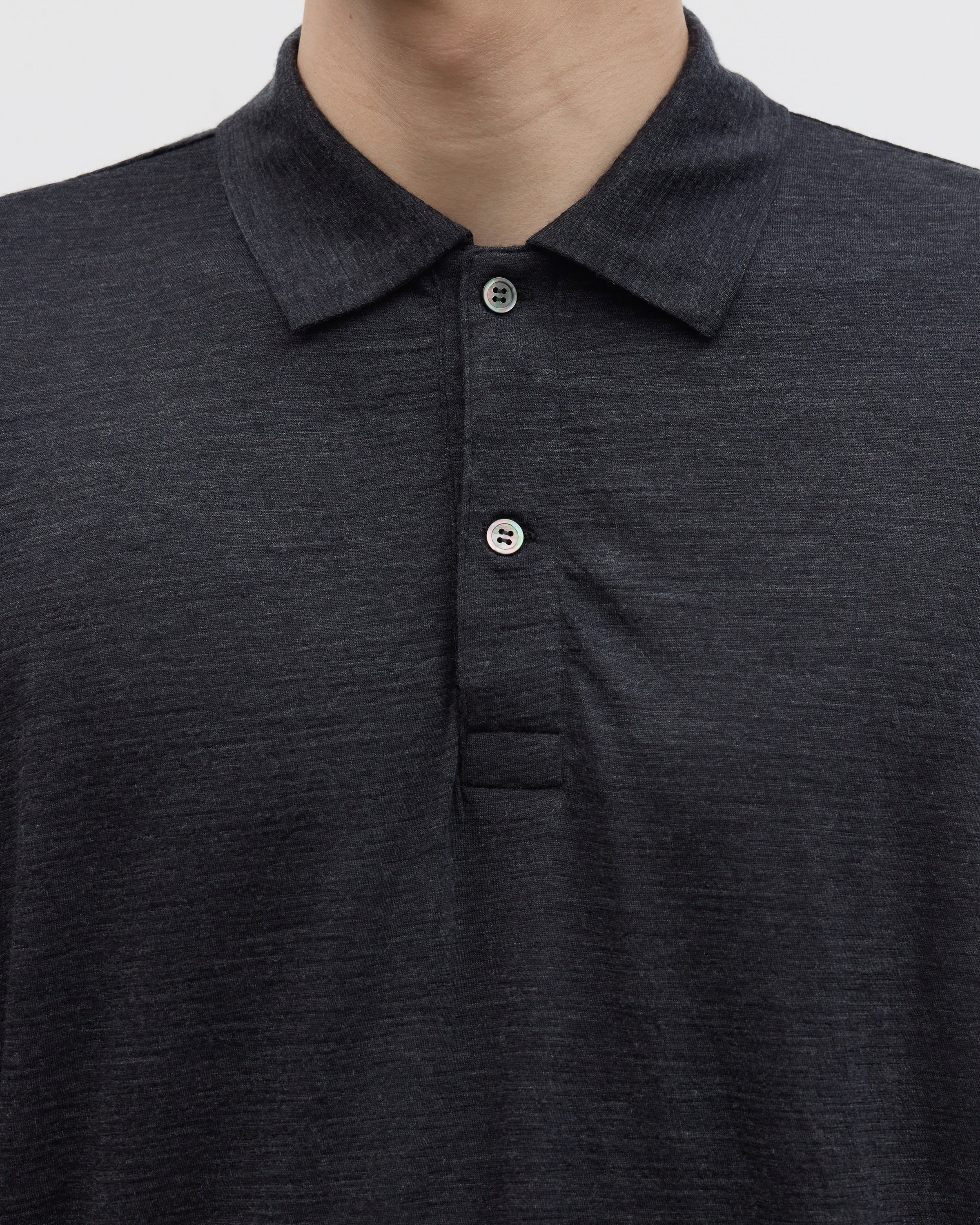 1027 Super 120's TOP Wool Jersey Long Sleeve Polo Shirt, Charcoal