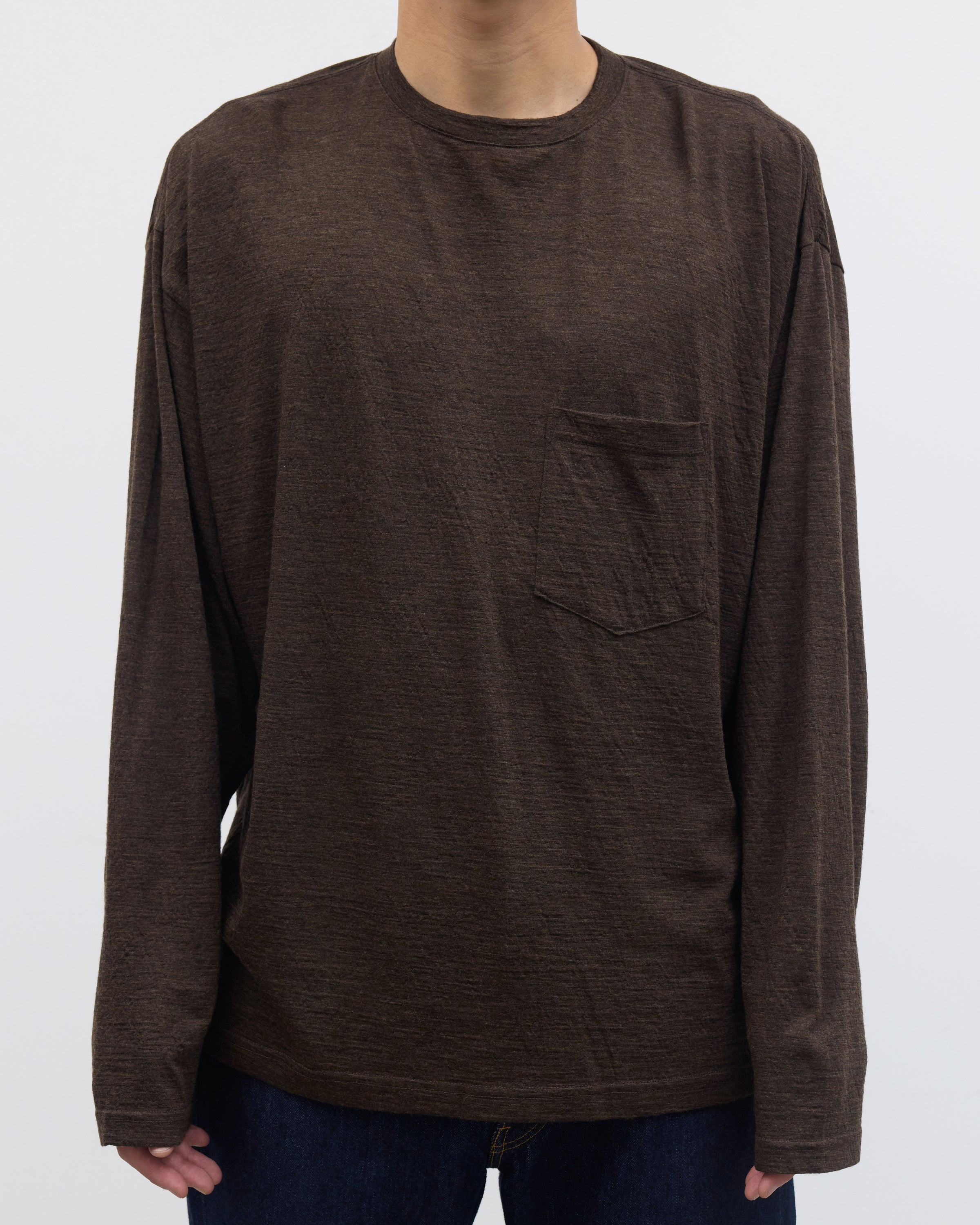 1027 Super 120's TOP Wool Jersey Long Sleeve Pocket Tee, Brown