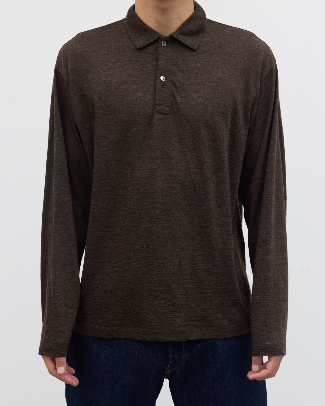 1027 Super 120's TOP Wool Jersey Long Sleeve Polo Shirt, Brown