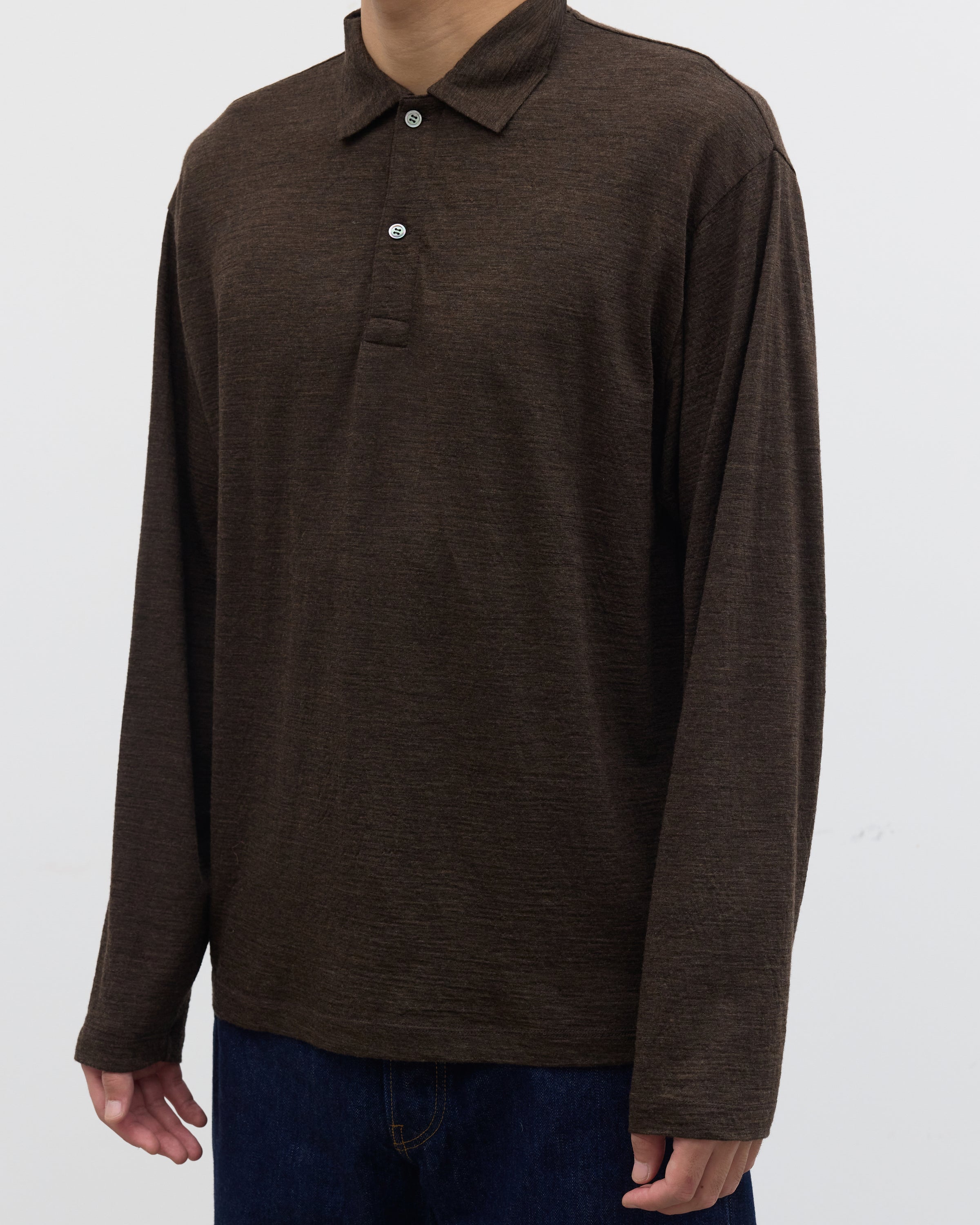 1027 Super 120's TOP Wool Jersey Long Sleeve Polo Shirt, Brown