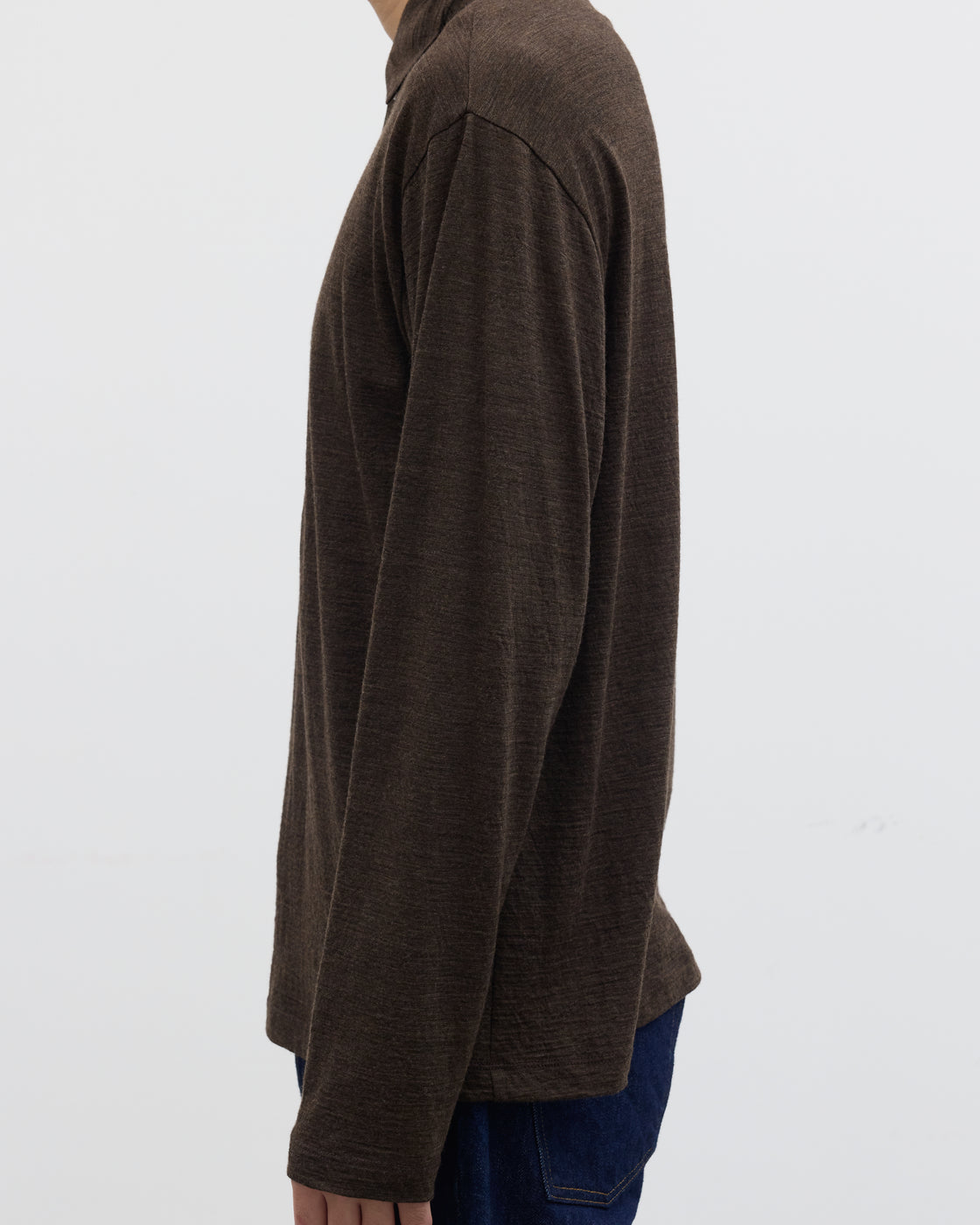 1027 Super 120's TOP Wool Jersey Long Sleeve Polo Shirt, Brown