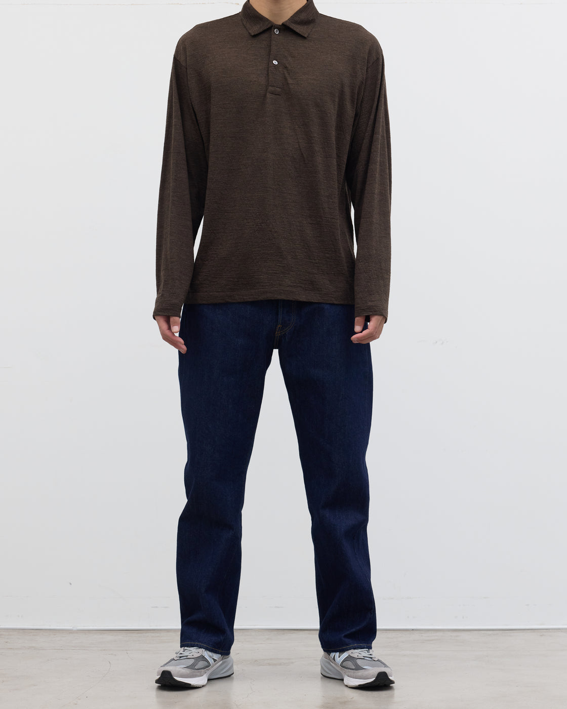 1027 Super 120's TOP Wool Jersey Long Sleeve Polo Shirt, Brown