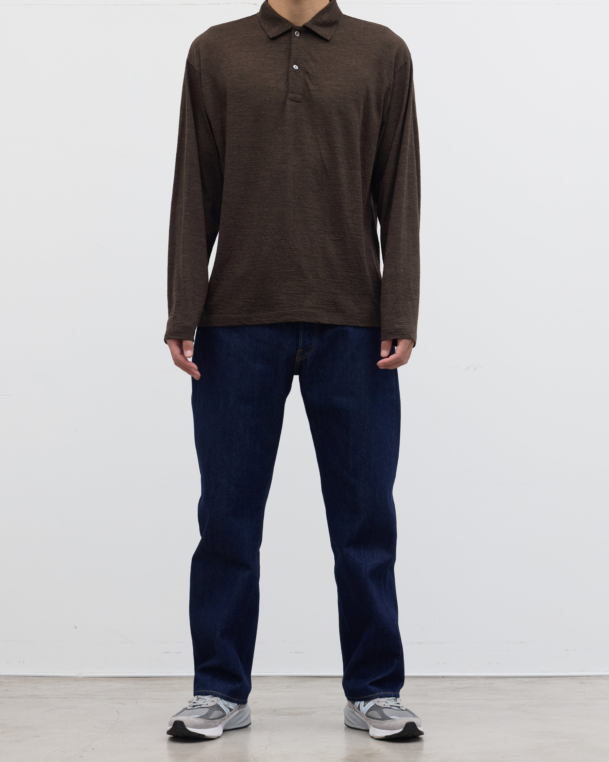 1027 Super 120's TOP Wool Jersey Long Sleeve Polo Shirt, Brown