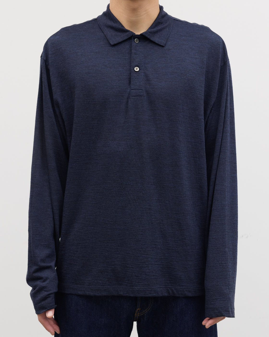 1027 Super 120's TOP Wool Jersey Long Sleeve Polo Shirt, Navy