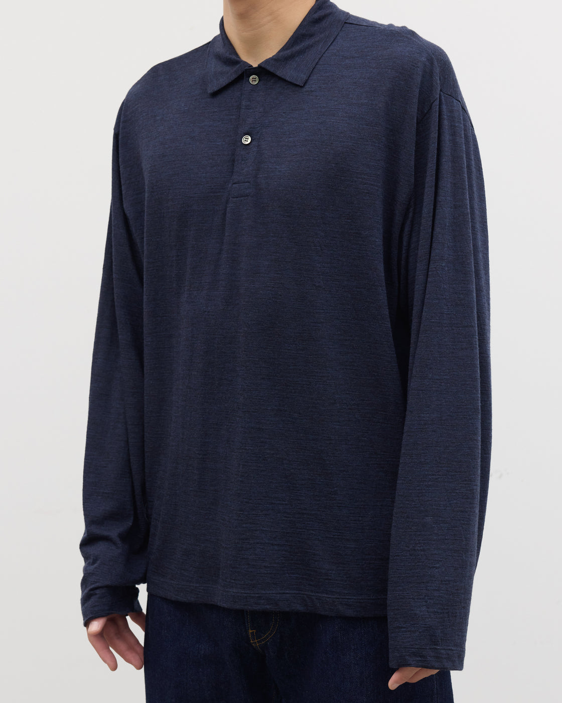 1027 Super 120's TOP Wool Jersey Long Sleeve Polo Shirt, Navy