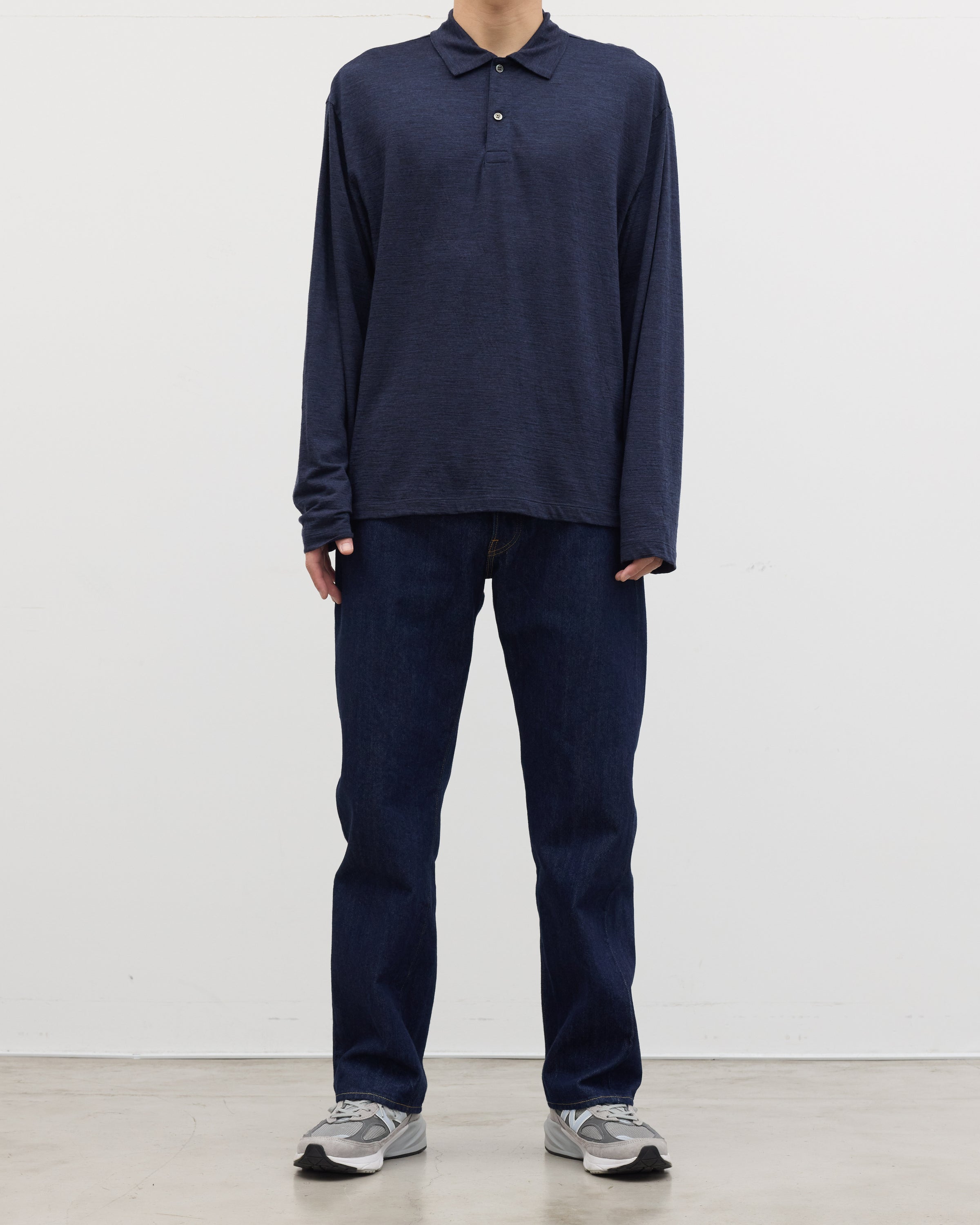 1027 Super 120's TOP Wool Jersey Long Sleeve Polo Shirt, Navy