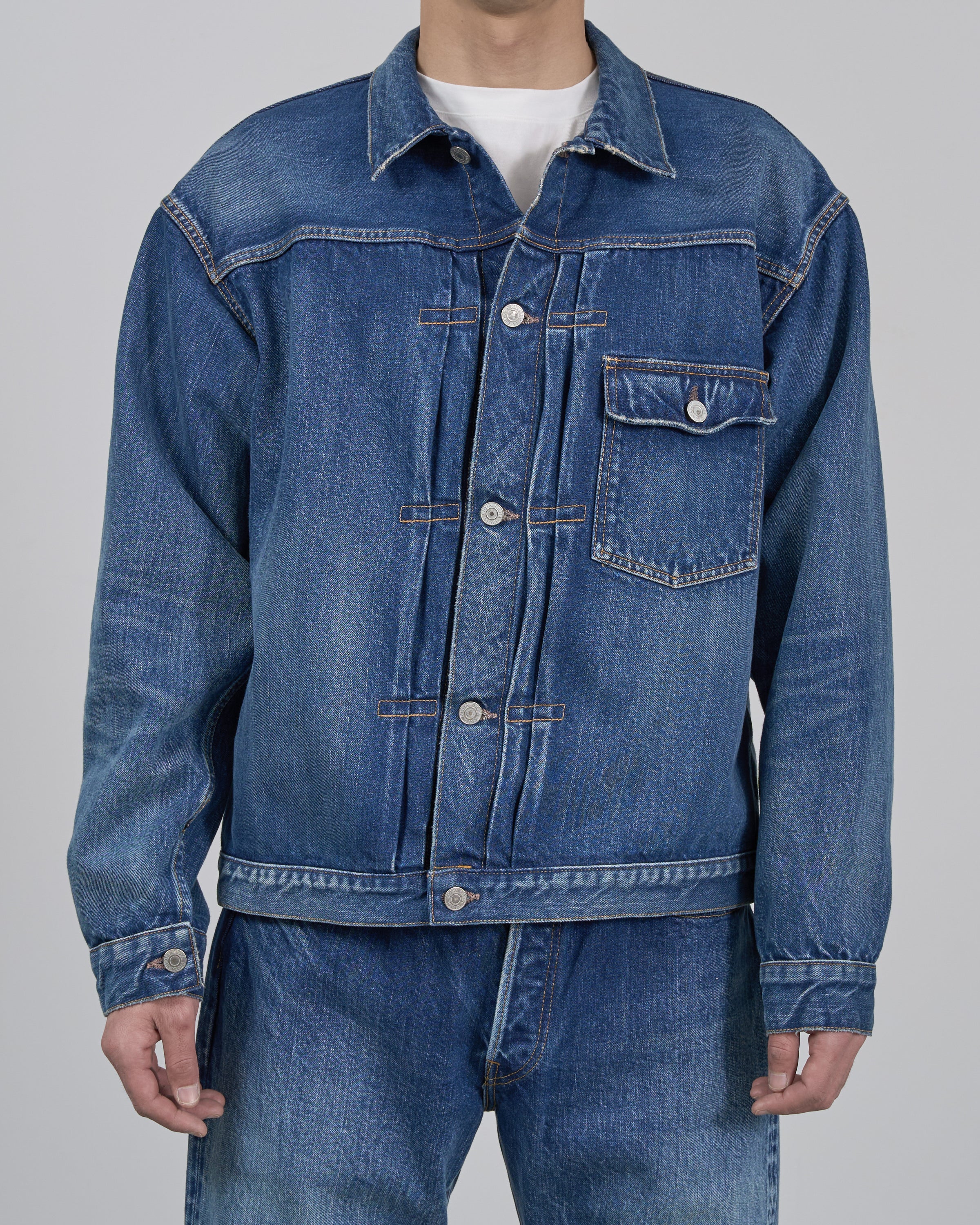 CIOTA New Single Pocket Denim Jacket, Medium Dark Blue (Damage)