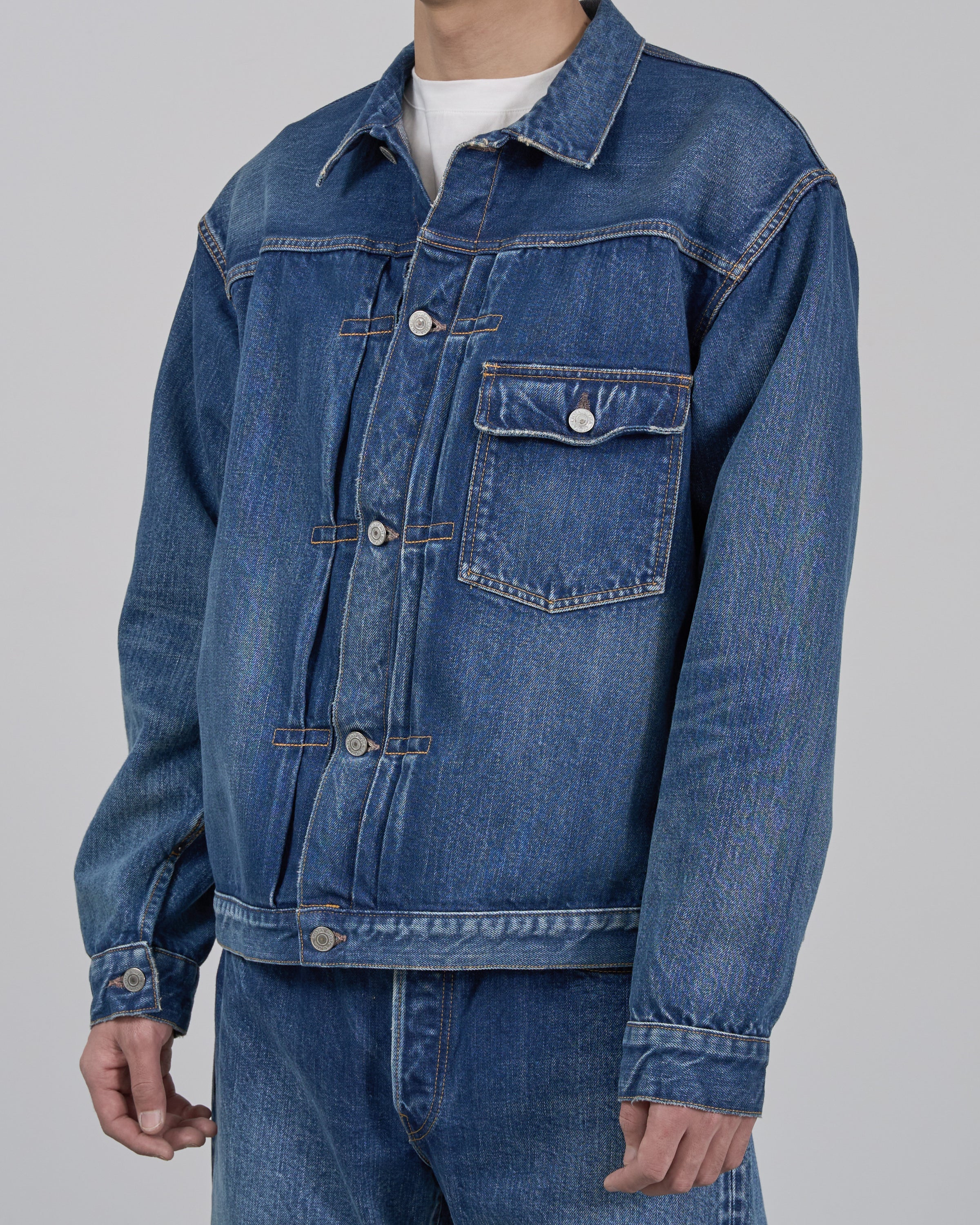 CIOTA New Single Pocket Denim Jacket, Medium Dark Blue (Damage)