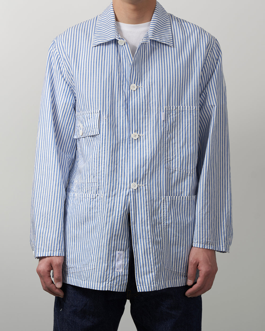 S H CVRL-032 Coverall Shirt(Cotton/Linen), Blue Stripe