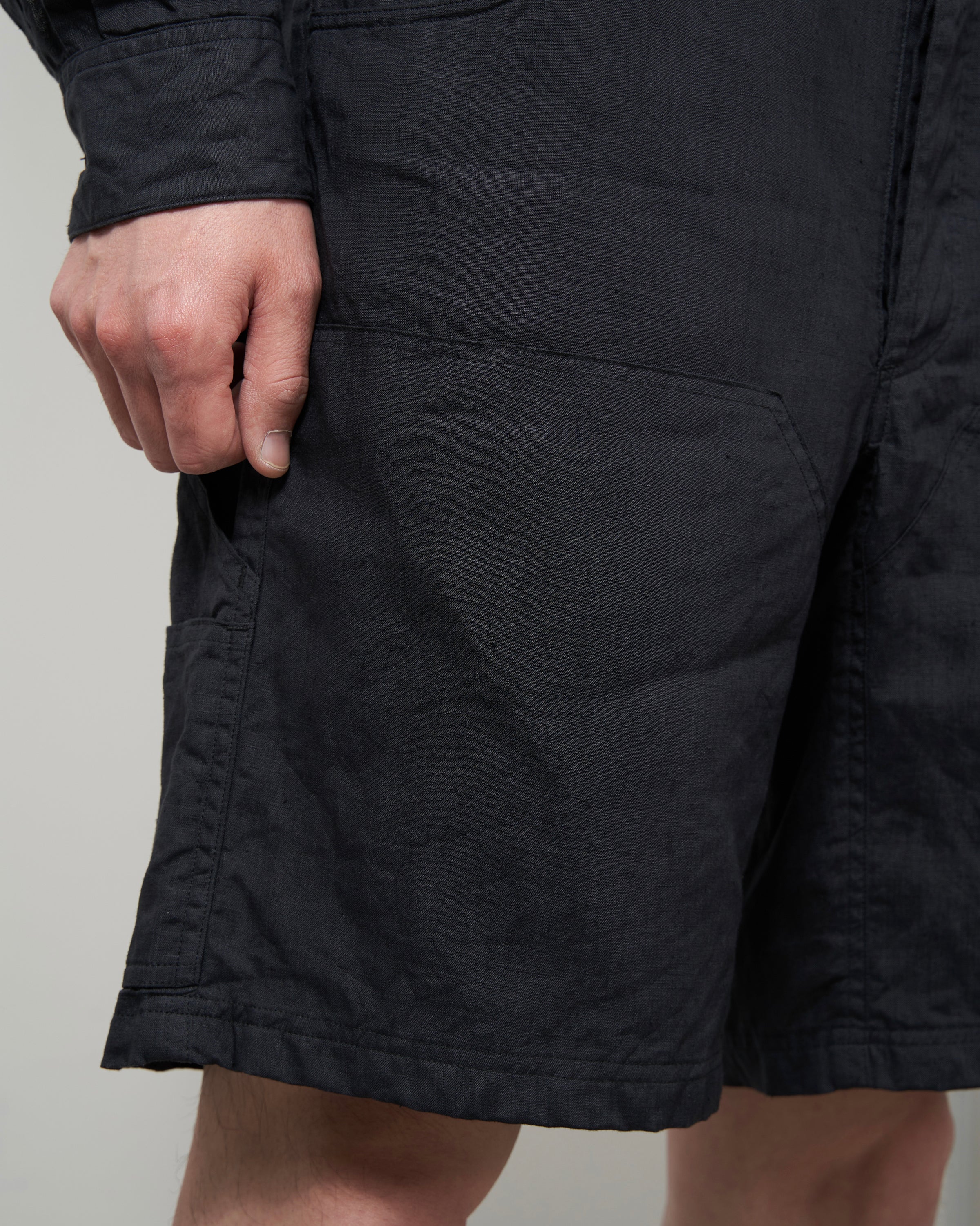S H DKNS-004 Double Knee Shorts(Linen Garment Dye), Ink Black