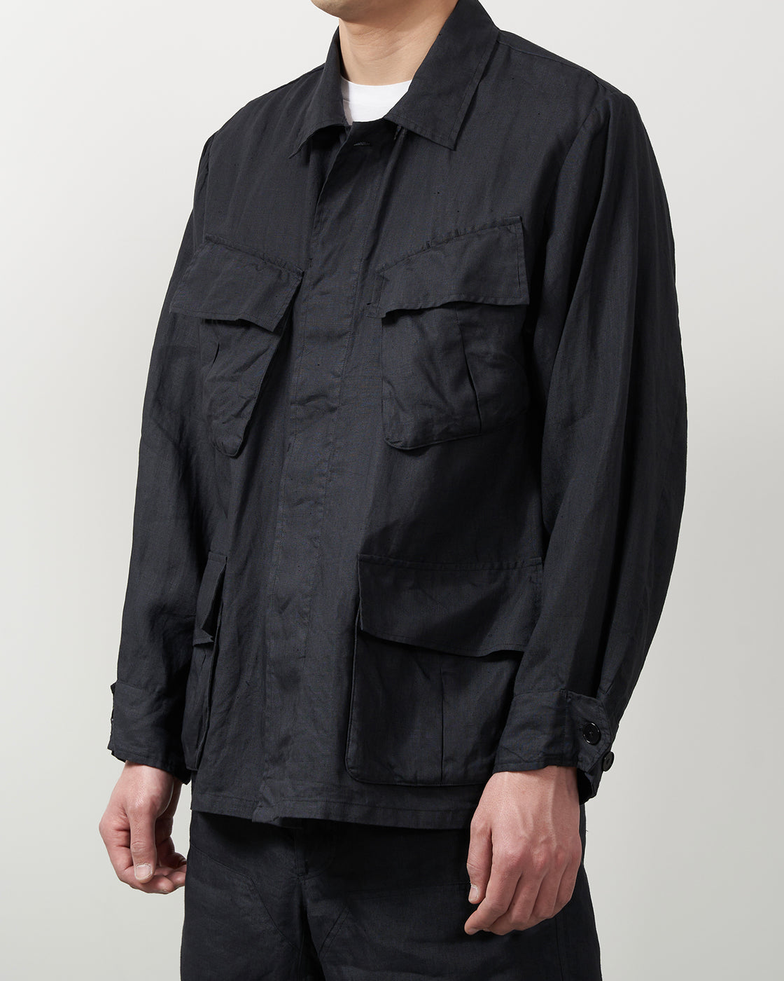 S H FTGJ-004 Fatigue Shirt (Linen Garment Dye), Ink Black