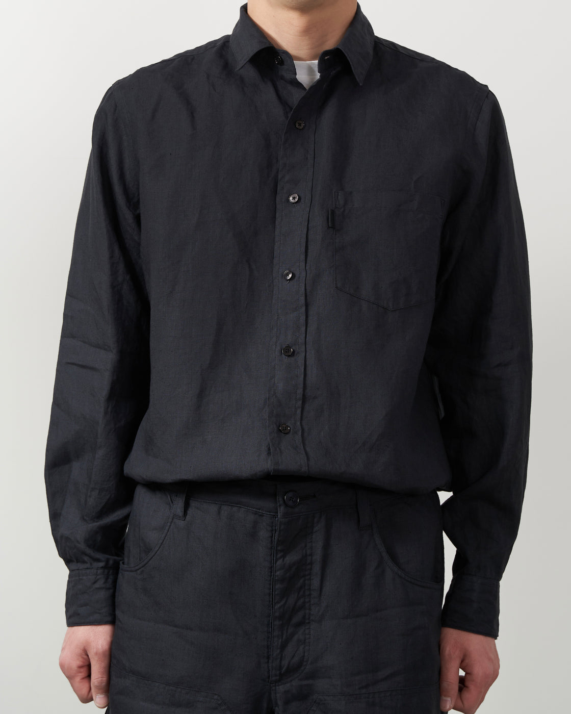 S H GMBT-004 Regular Collar Shirt(Linen Garment Dye), Ink Black