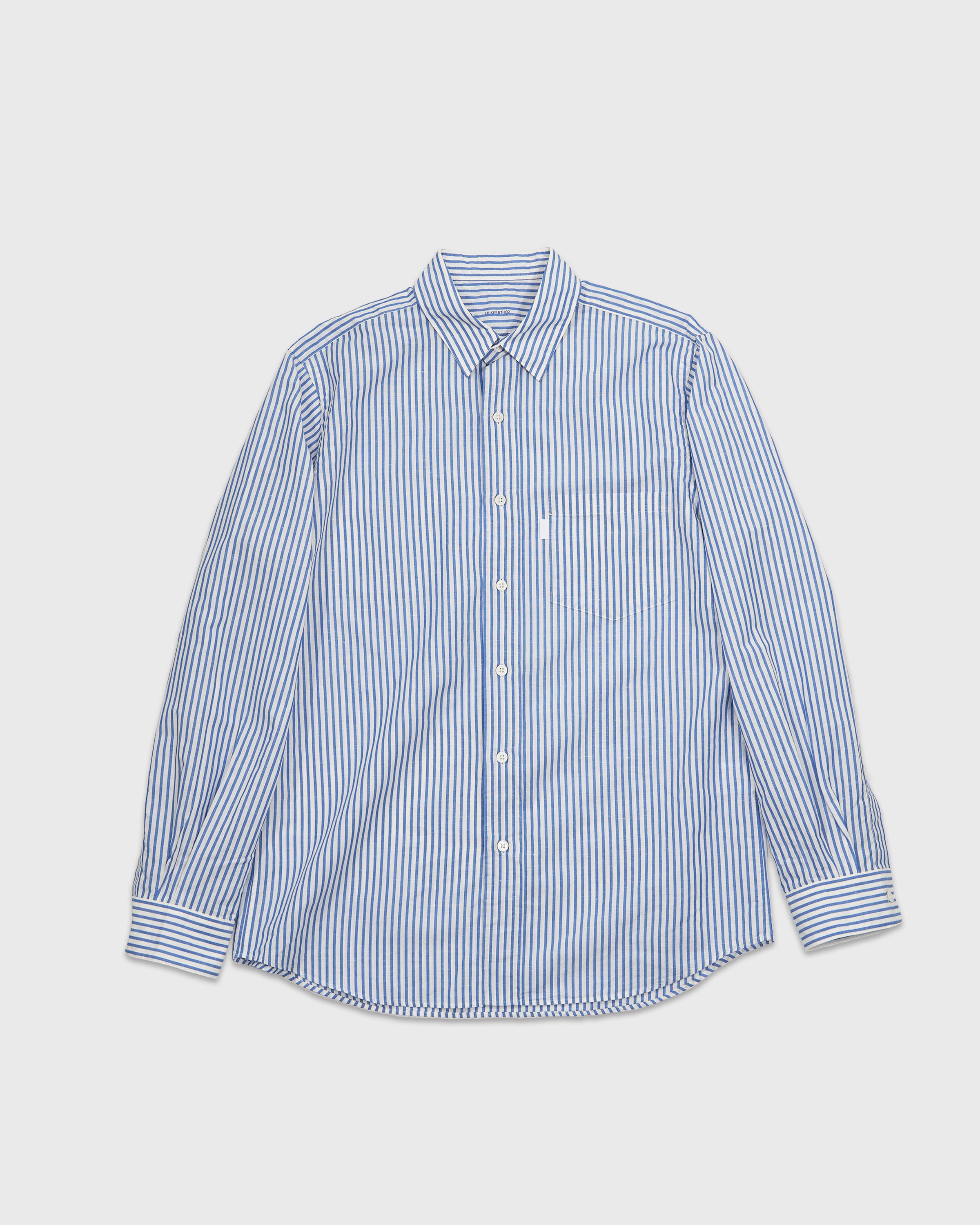 S H GMBT-032 Regular Collar Shirt(Cotton/Linen), Blue Stripe