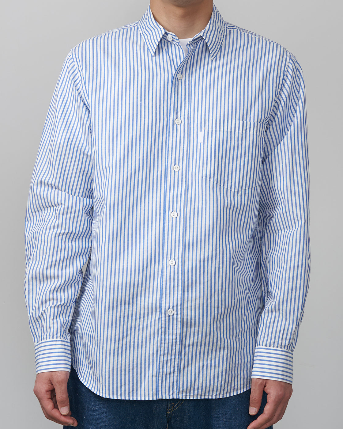 S H GMBT-032 Regular Collar Shirt(Cotton/Linen), Blue Stripe