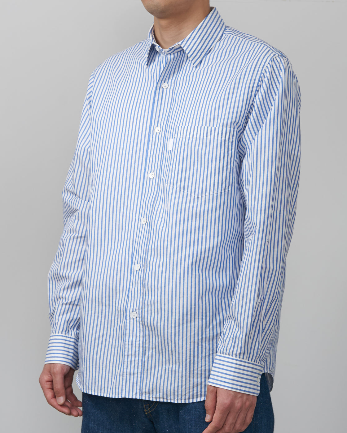 S H GMBT-032 Regular Collar Shirt(Cotton/Linen), Blue Stripe