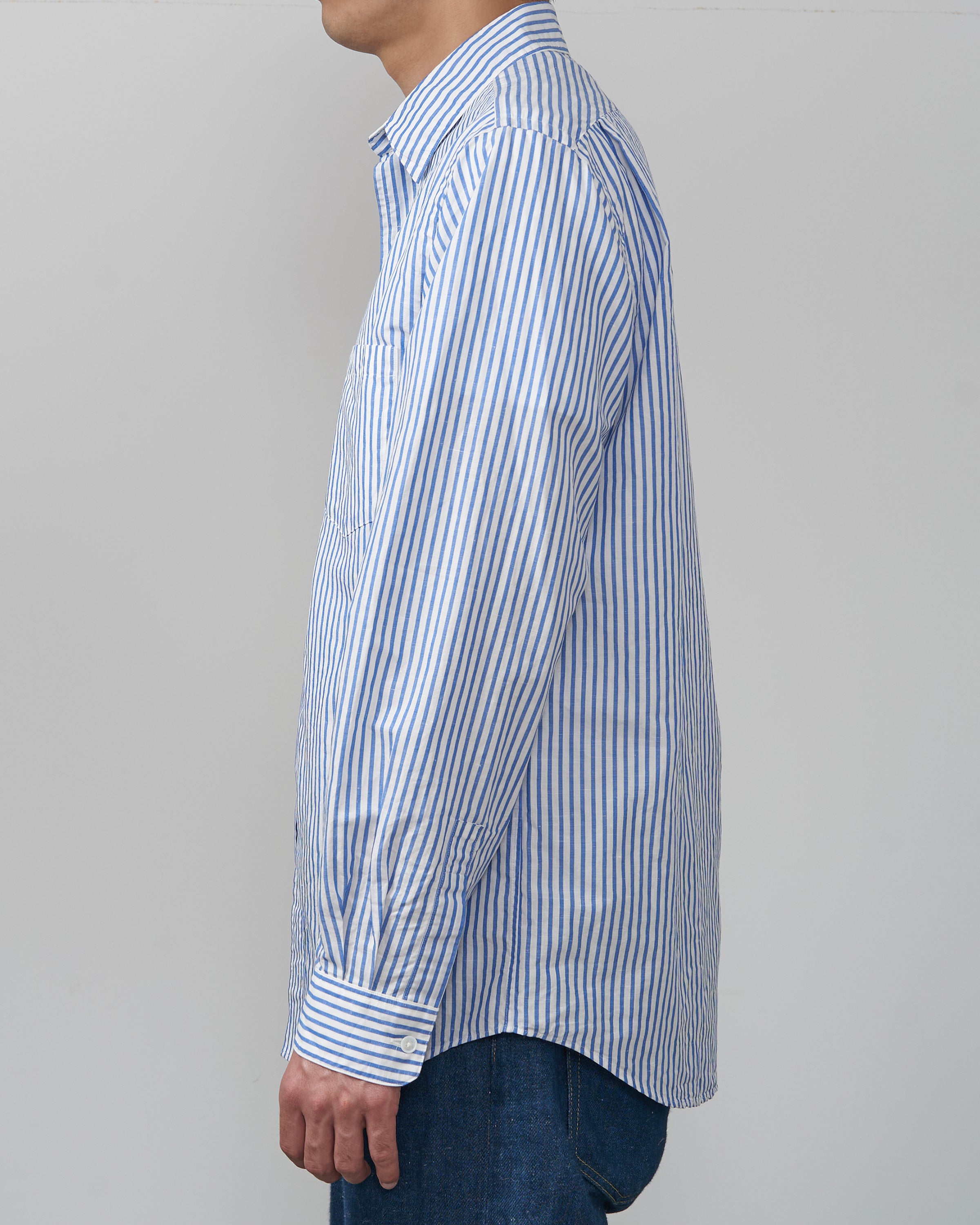 S H GMBT-032 Regular Collar Shirt(Cotton/Linen), Blue Stripe