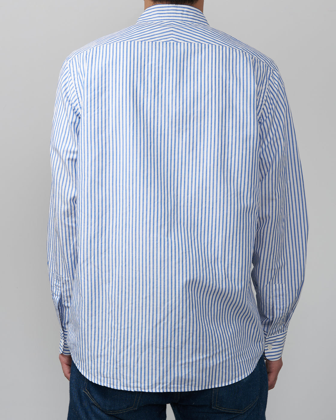 S H GMBT-032 Regular Collar Shirt(Cotton/Linen), Blue Stripe