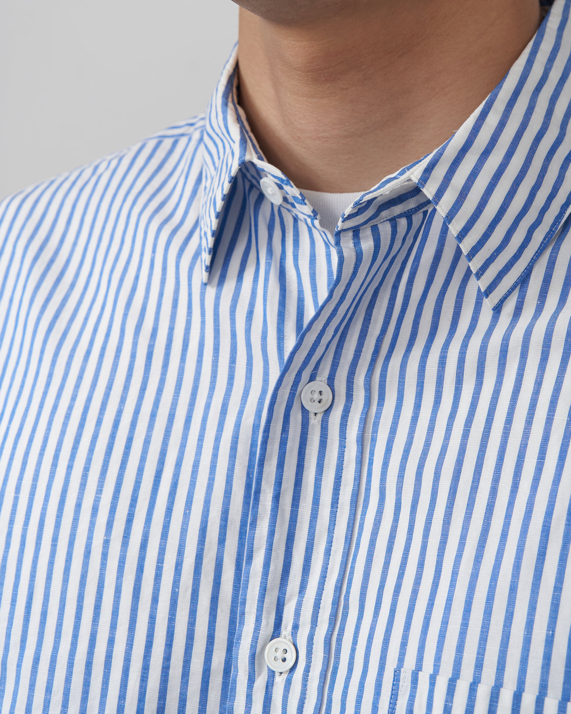 S H GMBT-032 Regular Collar Shirt(Cotton/Linen), Blue Stripe