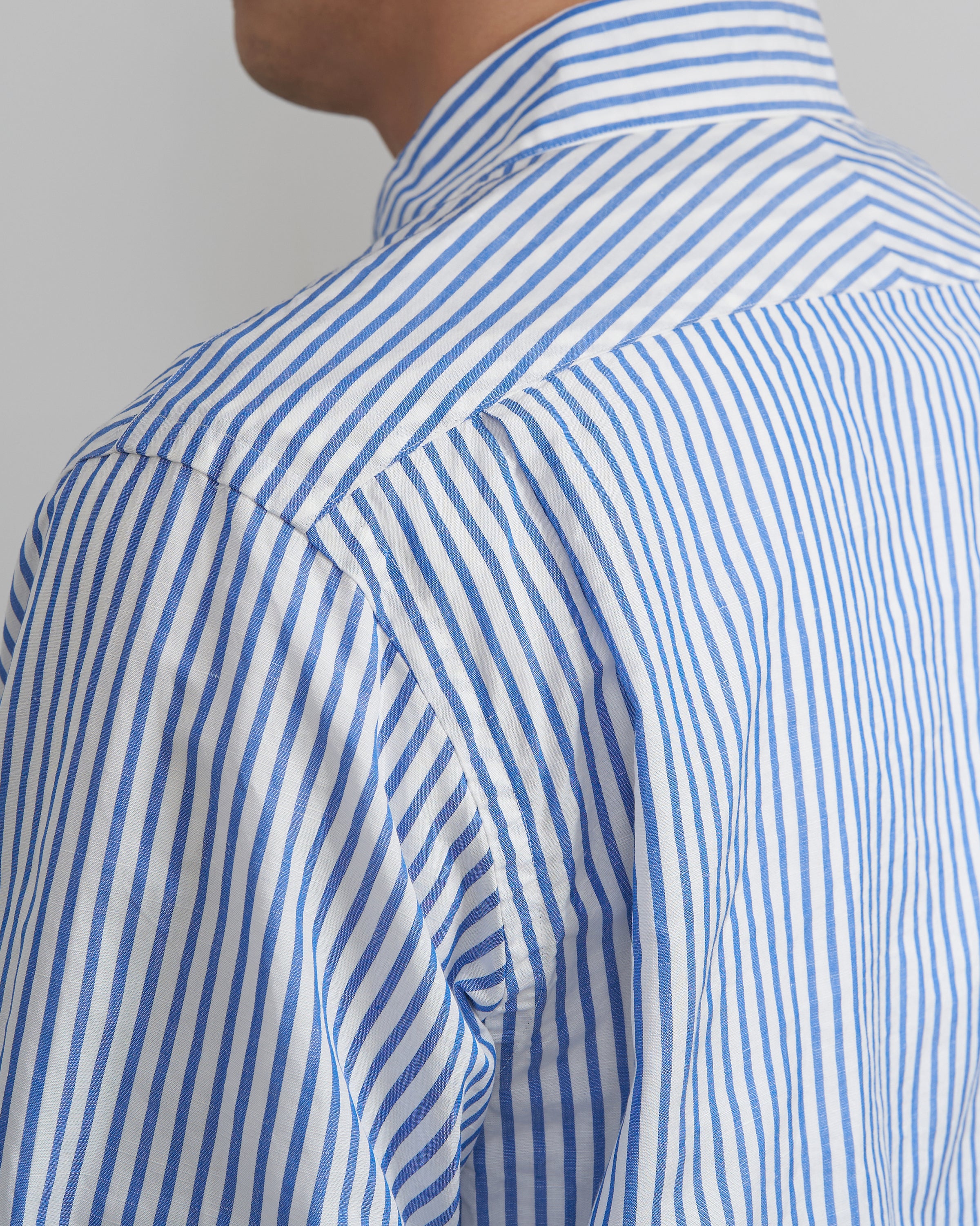 S H GMBT-032 Regular Collar Shirt(Cotton/Linen), Blue Stripe