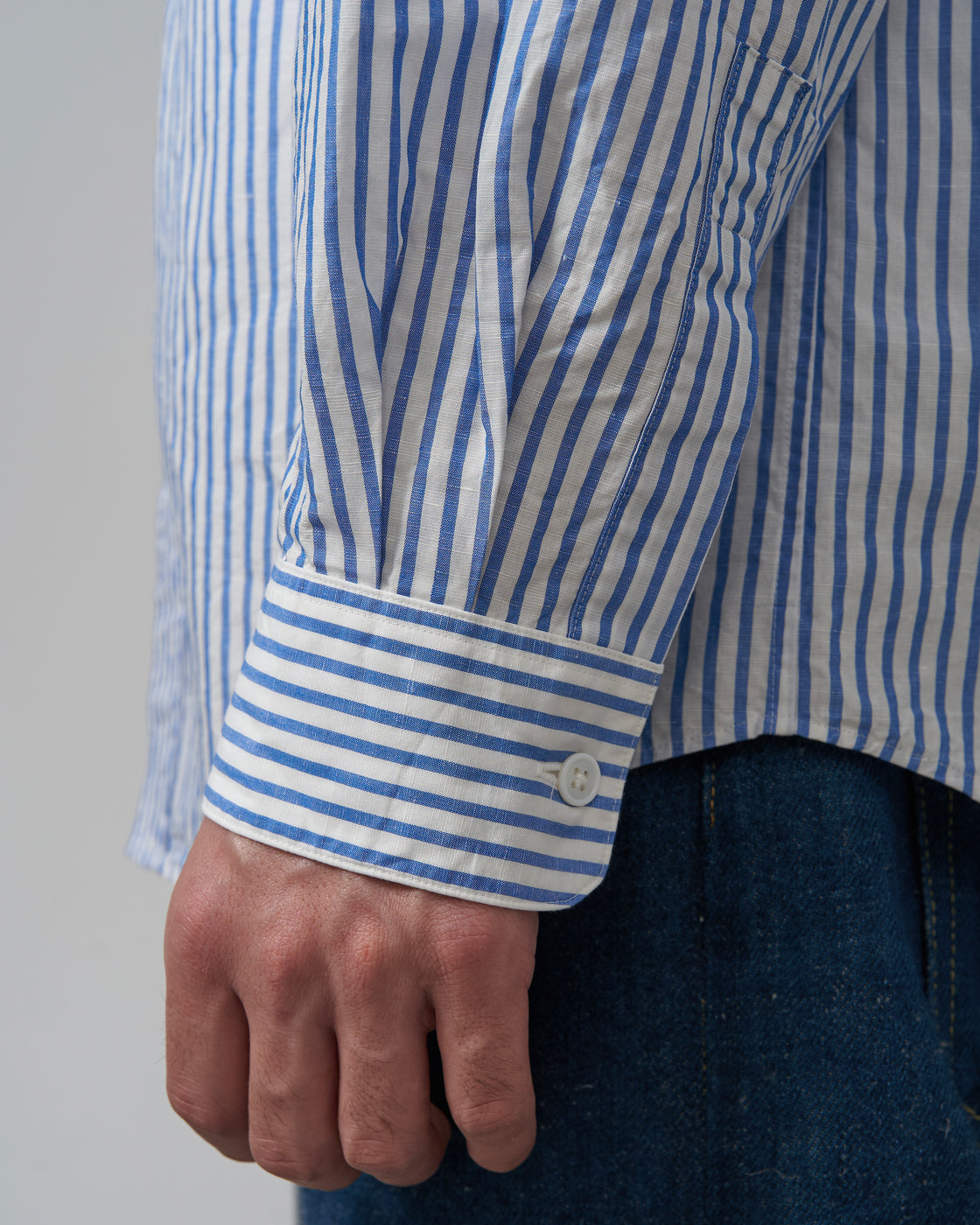 S H GMBT-032 Regular Collar Shirt(Cotton/Linen), Blue Stripe