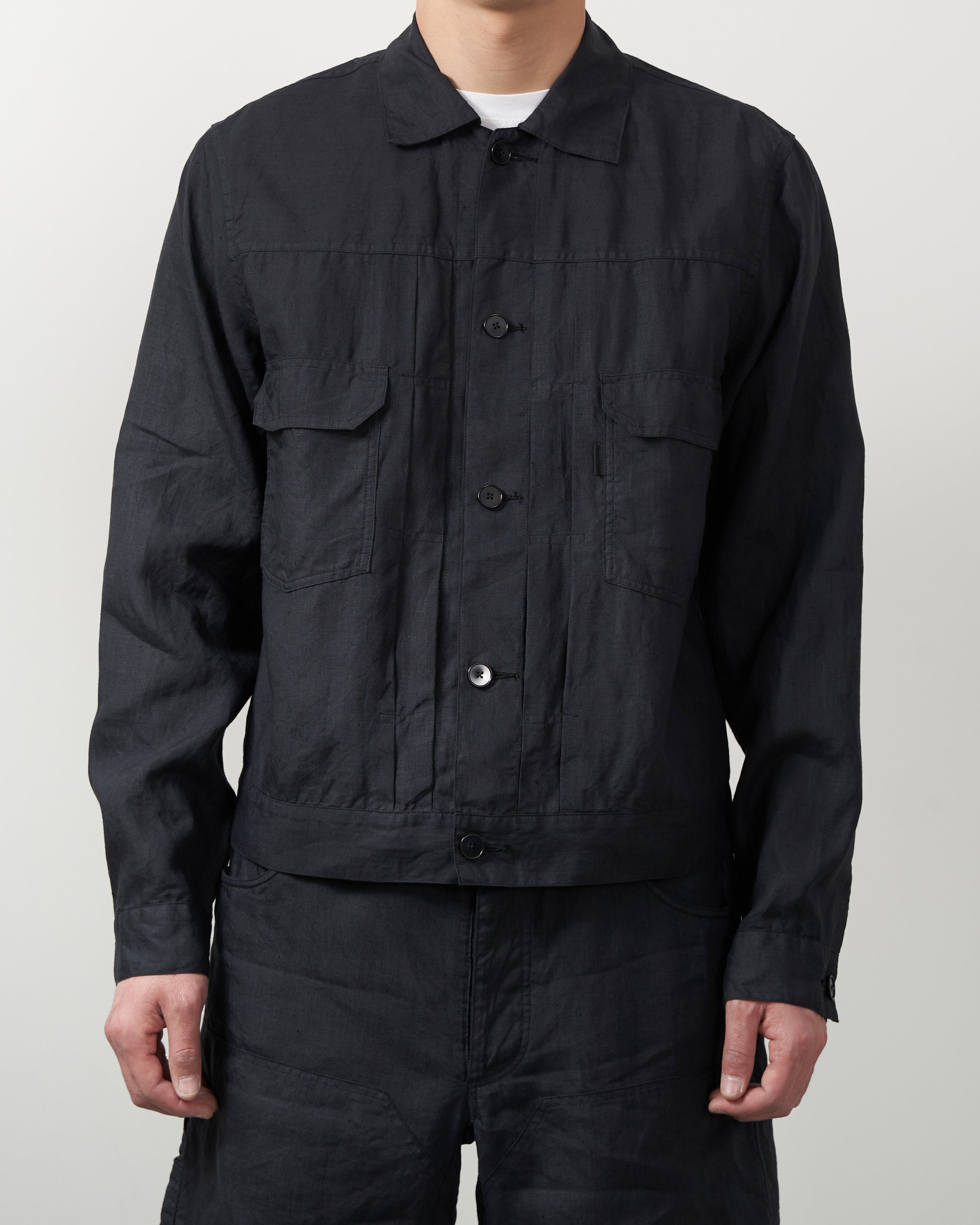 S H LVND-004 Trucker Shirt(Linen Garment Dye), Ink Black