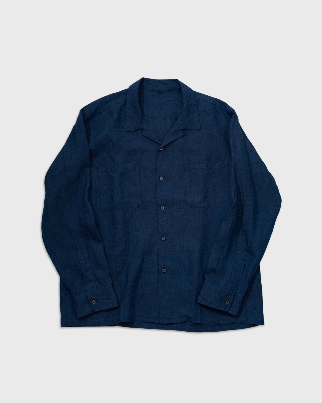 S H Linen Open Collar Shirt, Indigo