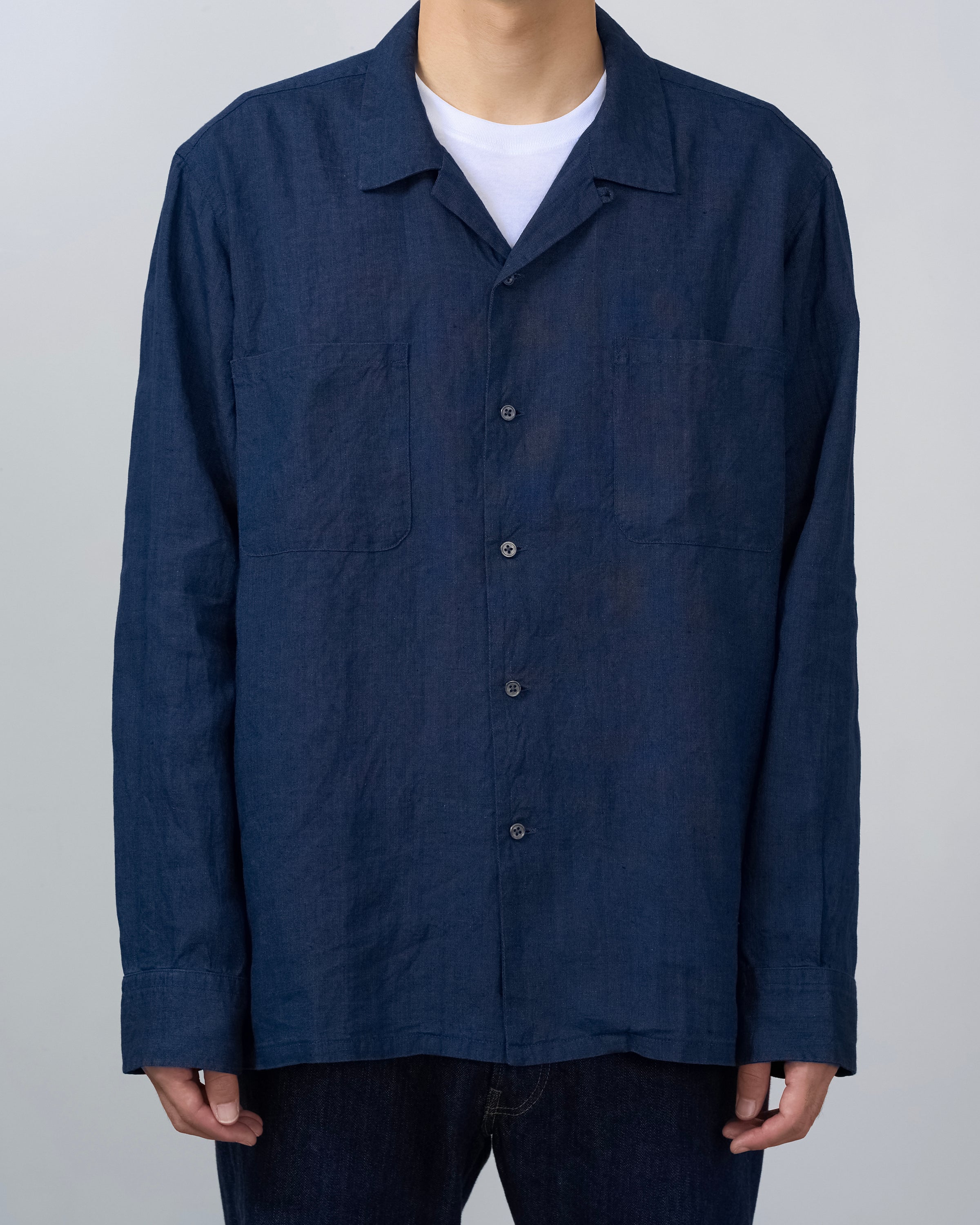 S H Linen Open Collar Shirt, Indigo