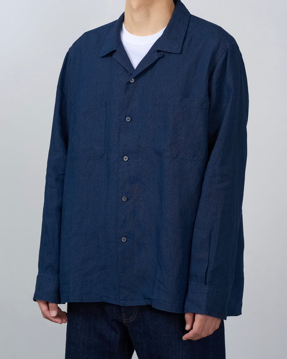 S H Linen Open Collar Shirt, Indigo
