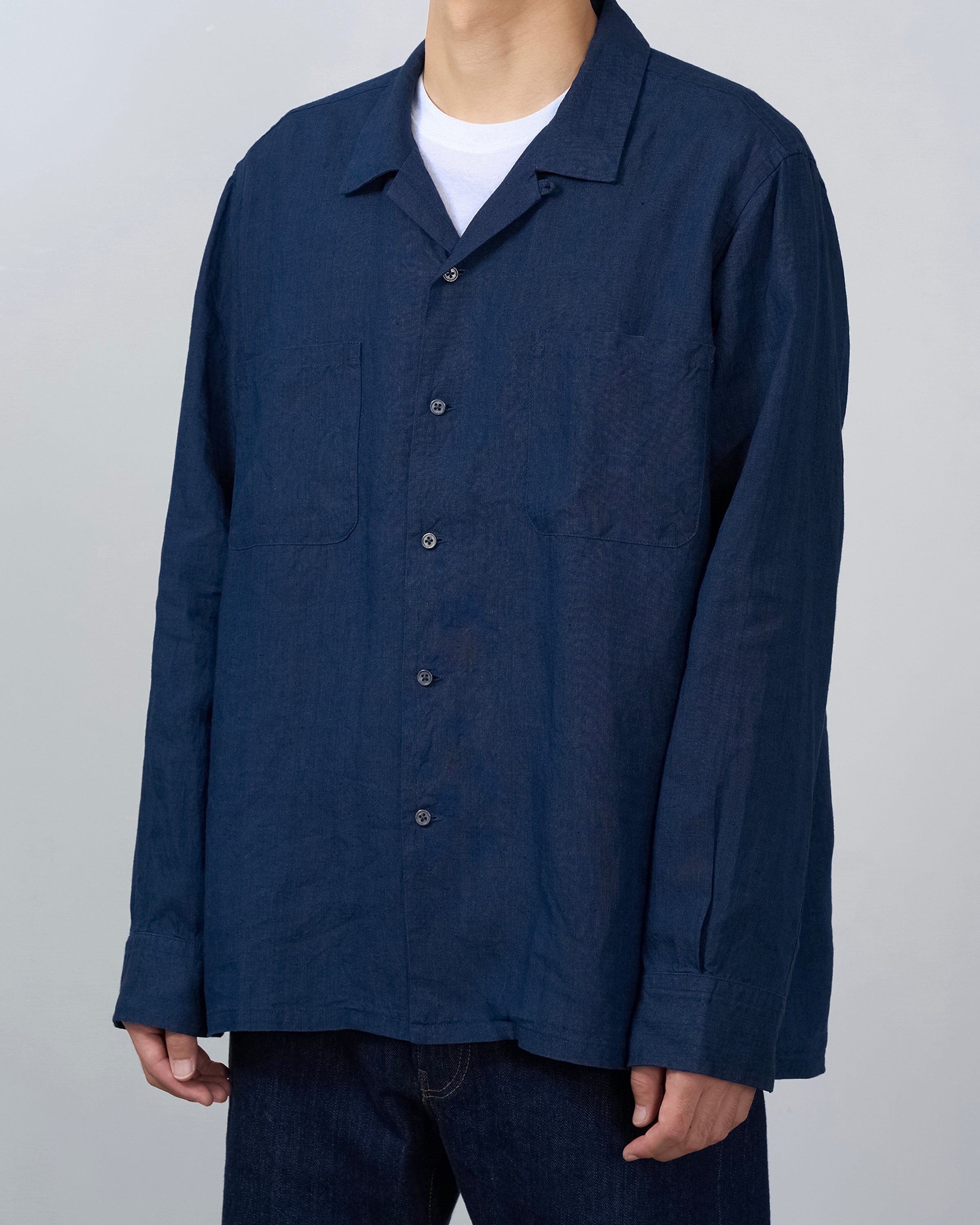 S H Linen Open Collar Shirt, Indigo