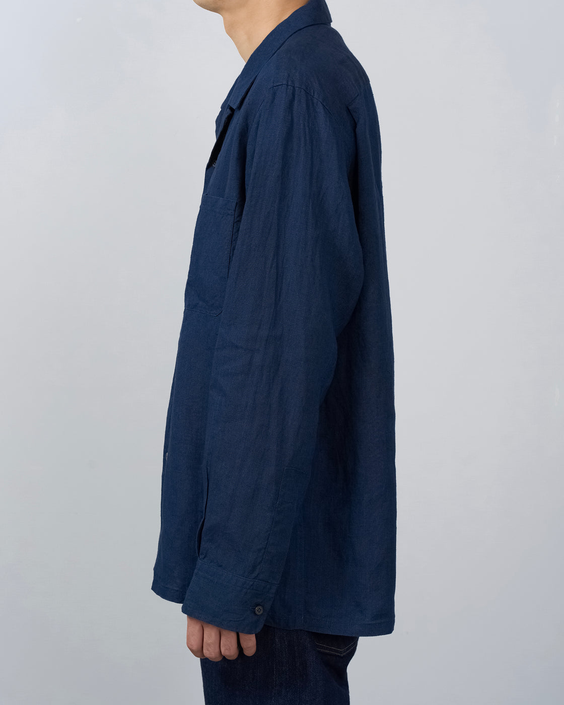 S H Linen Open Collar Shirt, Indigo