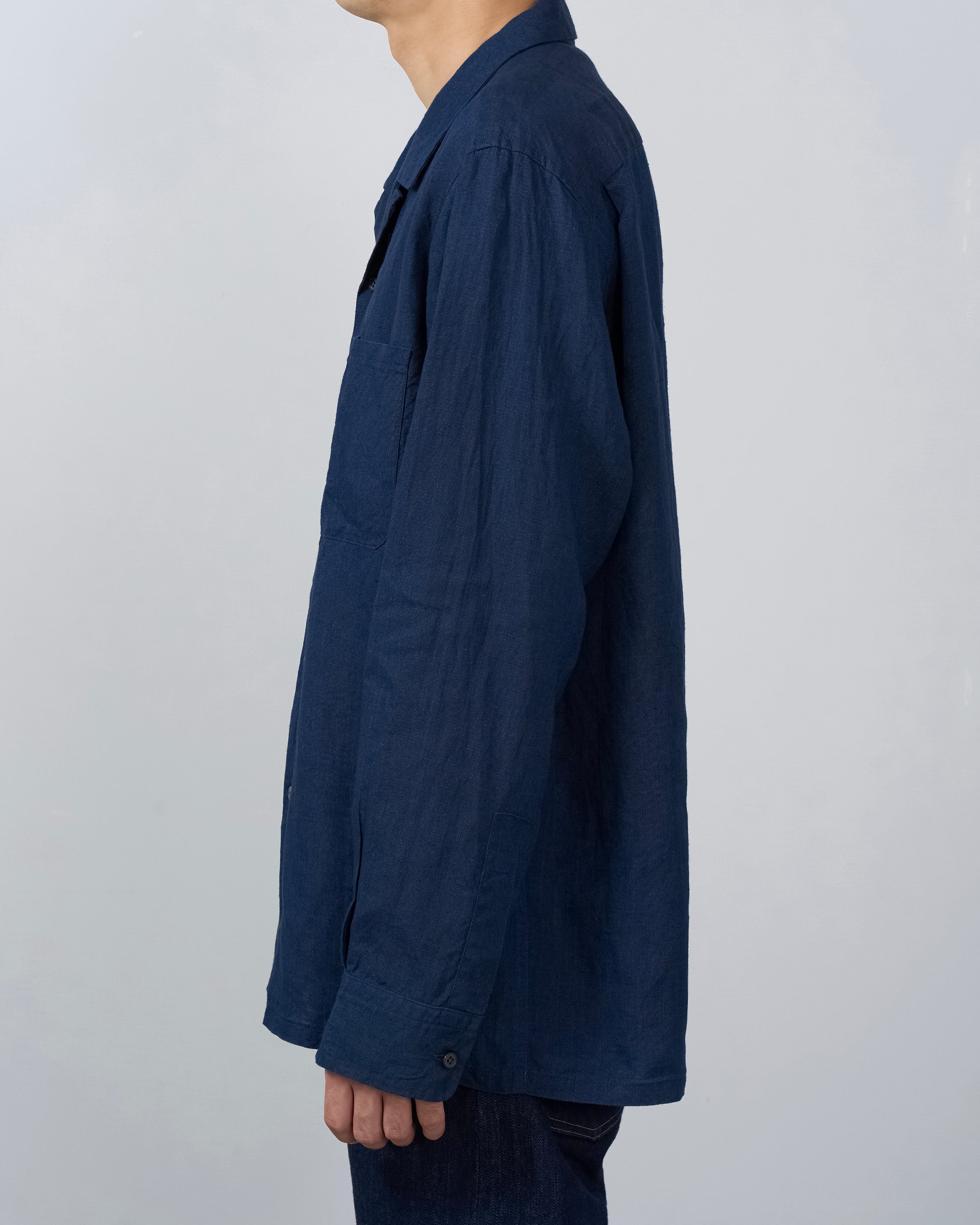 S H Linen Open Collar Shirt, Indigo