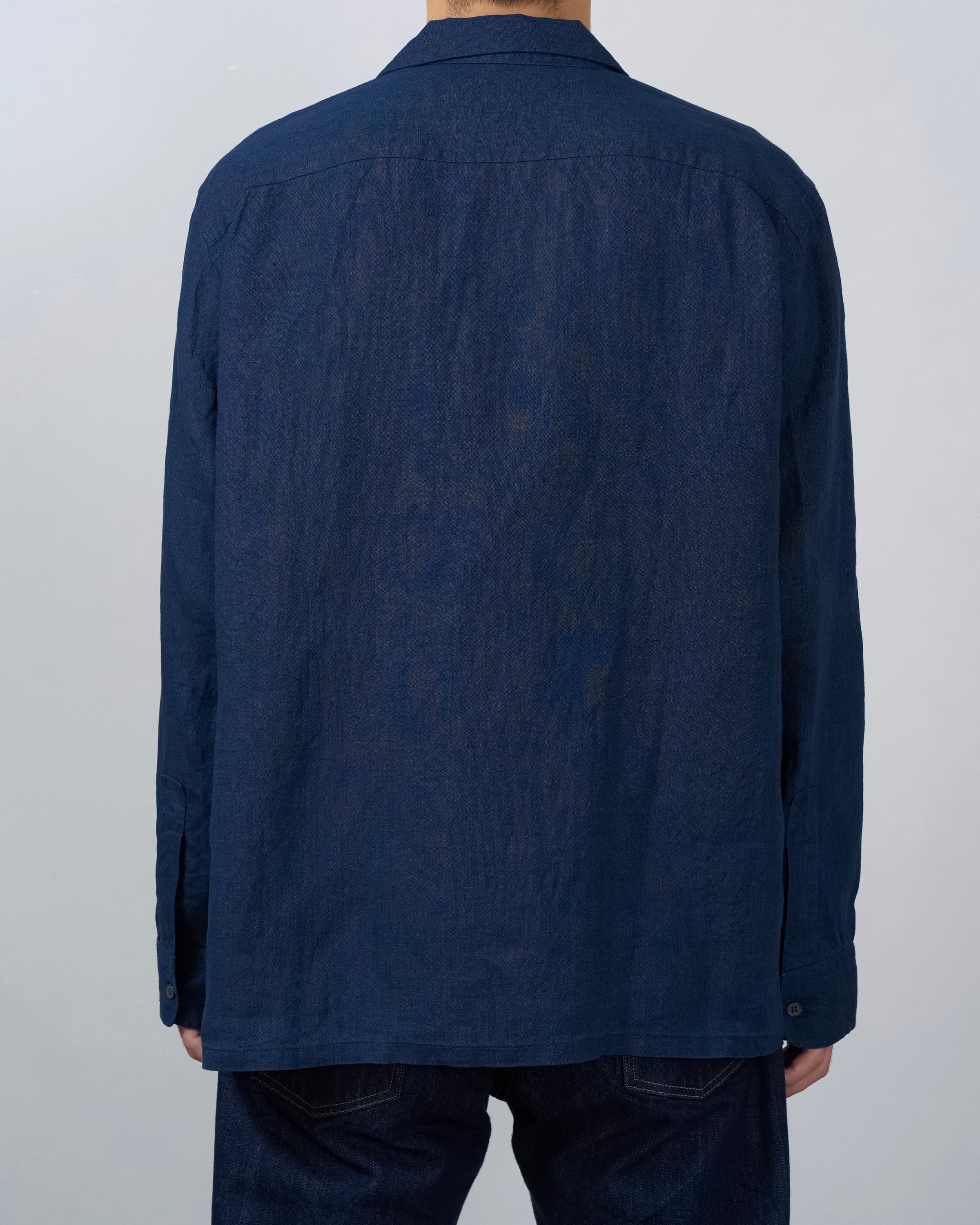 S H Linen Open Collar Shirt, Indigo