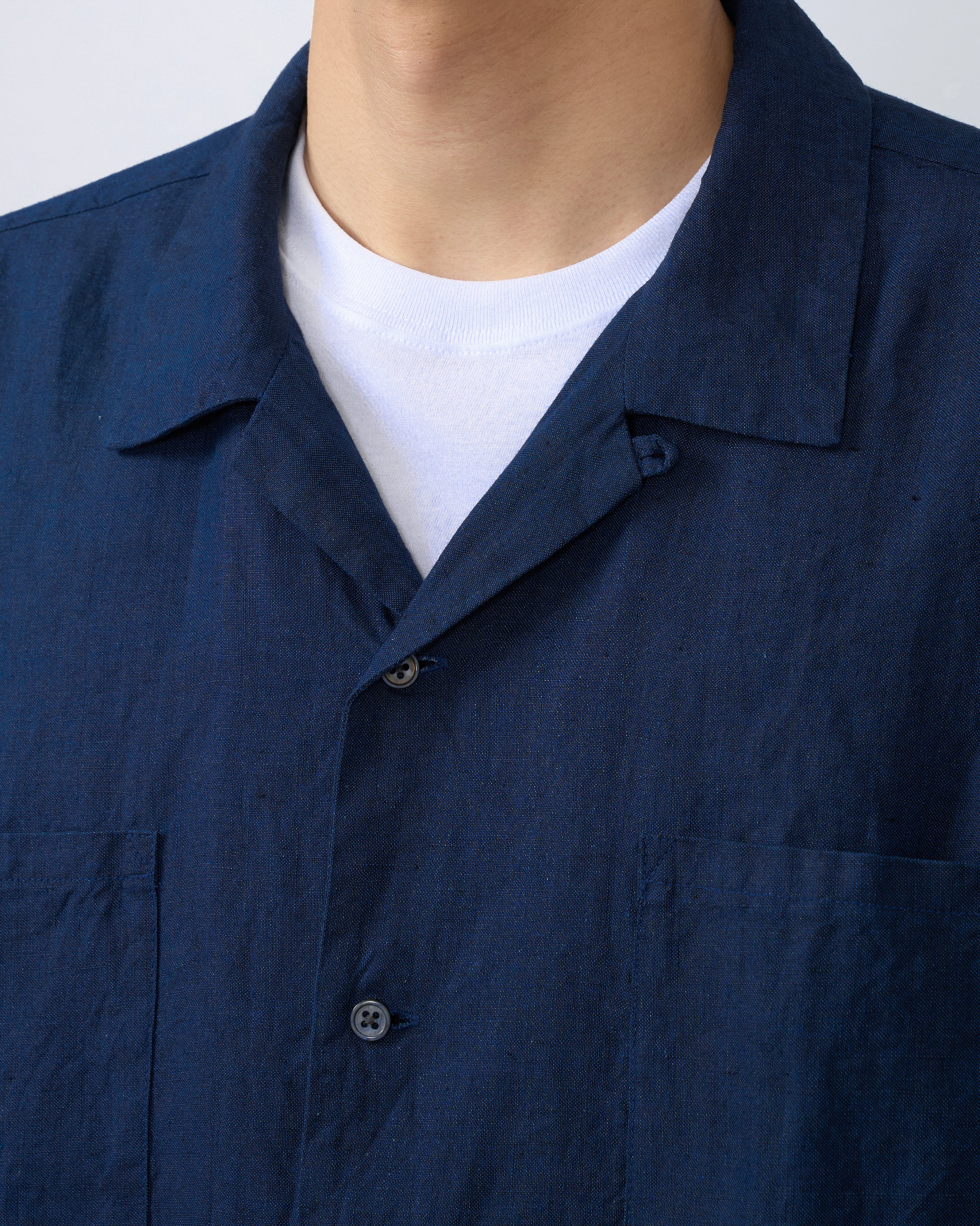 S H Linen Open Collar Shirt, Indigo