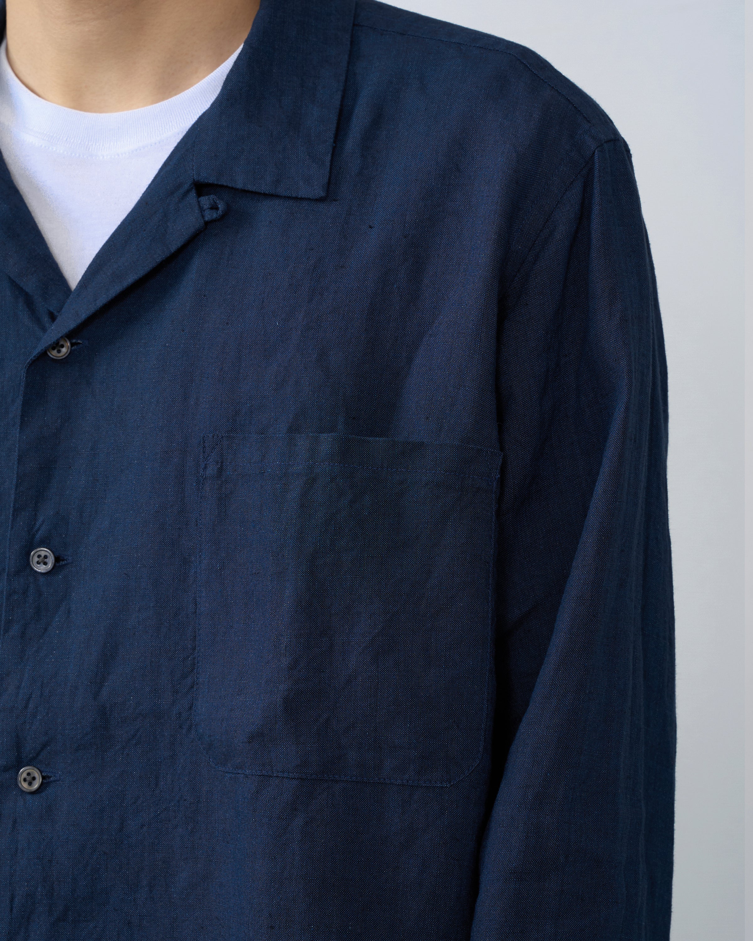 S H Linen Open Collar Shirt, Indigo