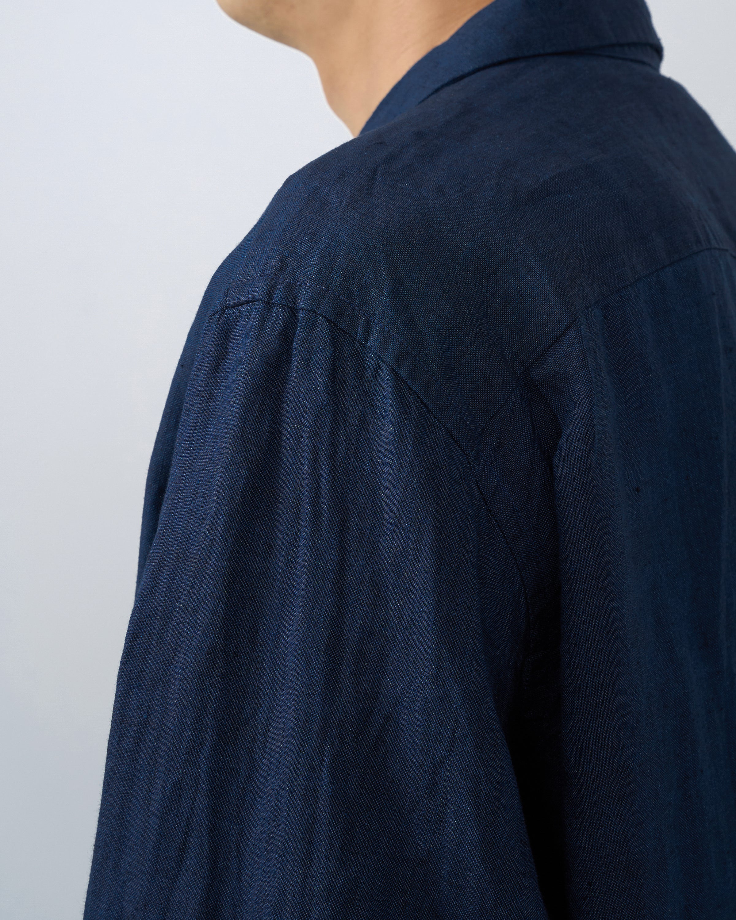 S H Linen Open Collar Shirt, Indigo