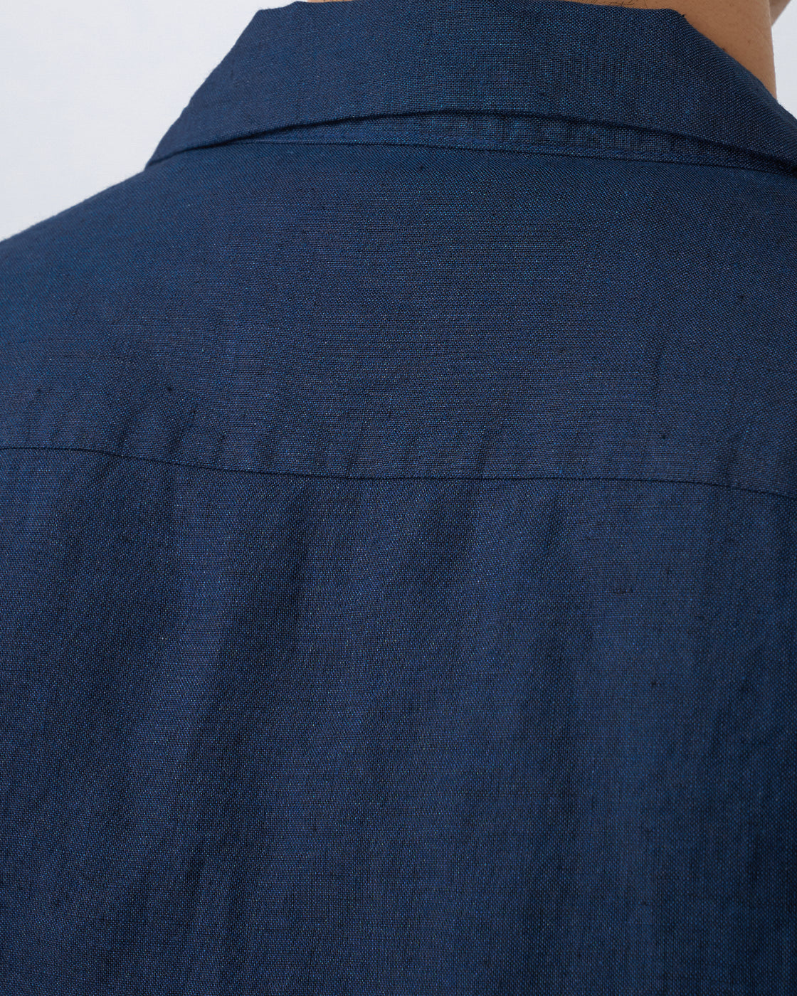 S H Linen Open Collar Shirt, Indigo