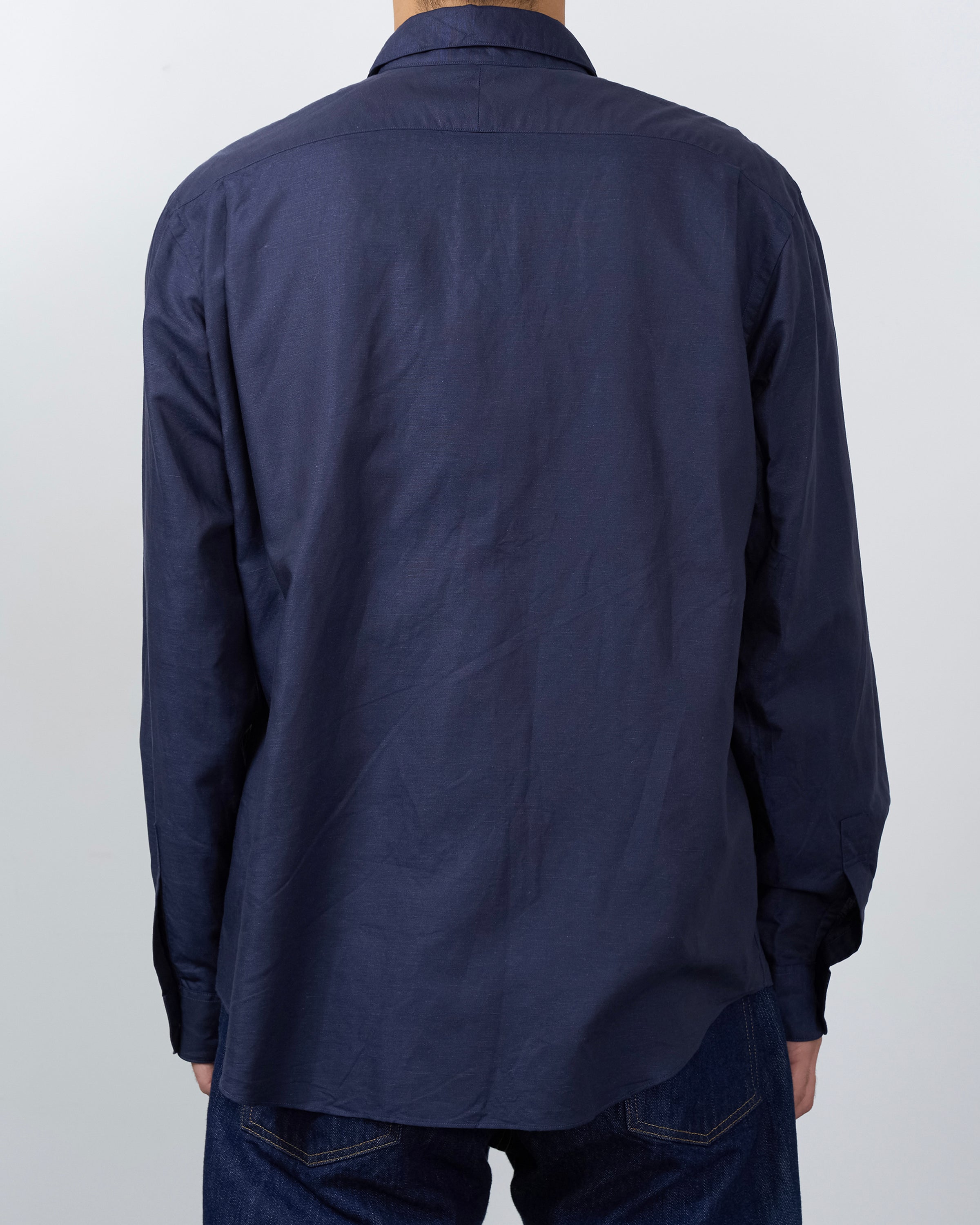 Keylime Tokyo Navy Cotton Linen Shirt 斜め着用写真 S H Regular Collar メンズファッション コットンリネンブレンド ネイビー色 カジュアル長袖シャツ