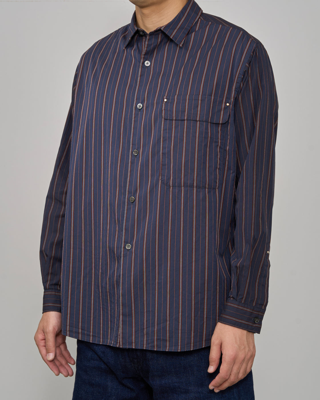 TOHNAI Regular Collar Shirt, Navy Stripe