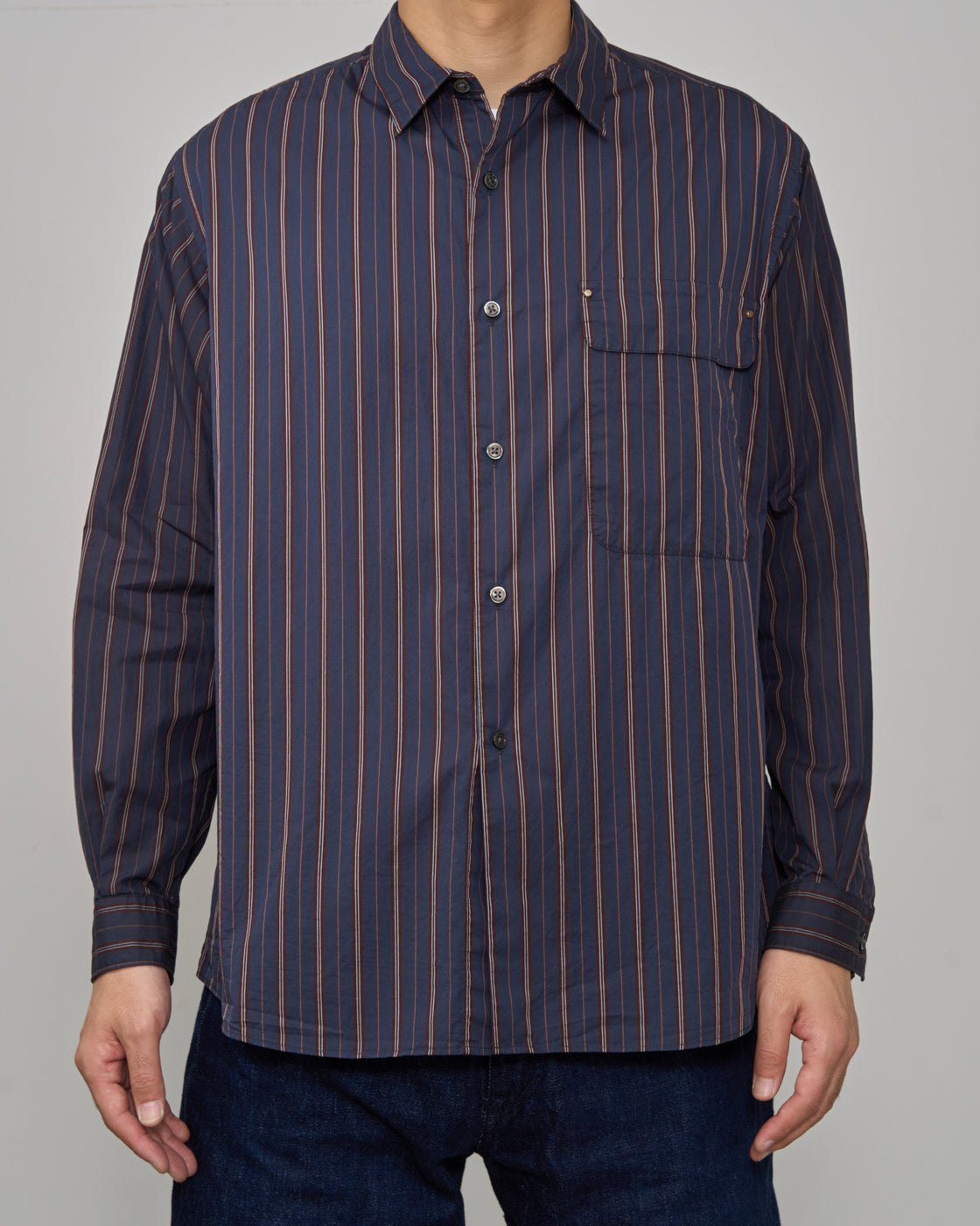 TOHNAI Regular Collar Shirt, Navy Stripe